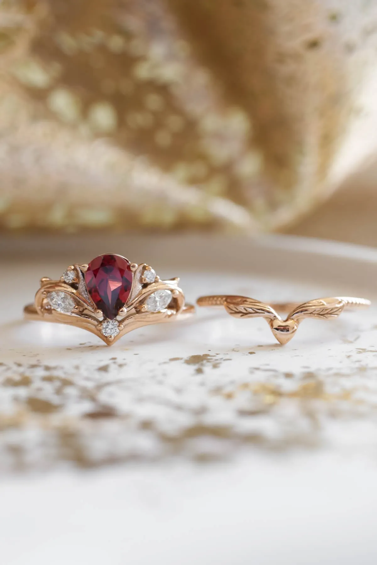 Diamond and garnet engagement ring, elvish proposal ring / Swanlake