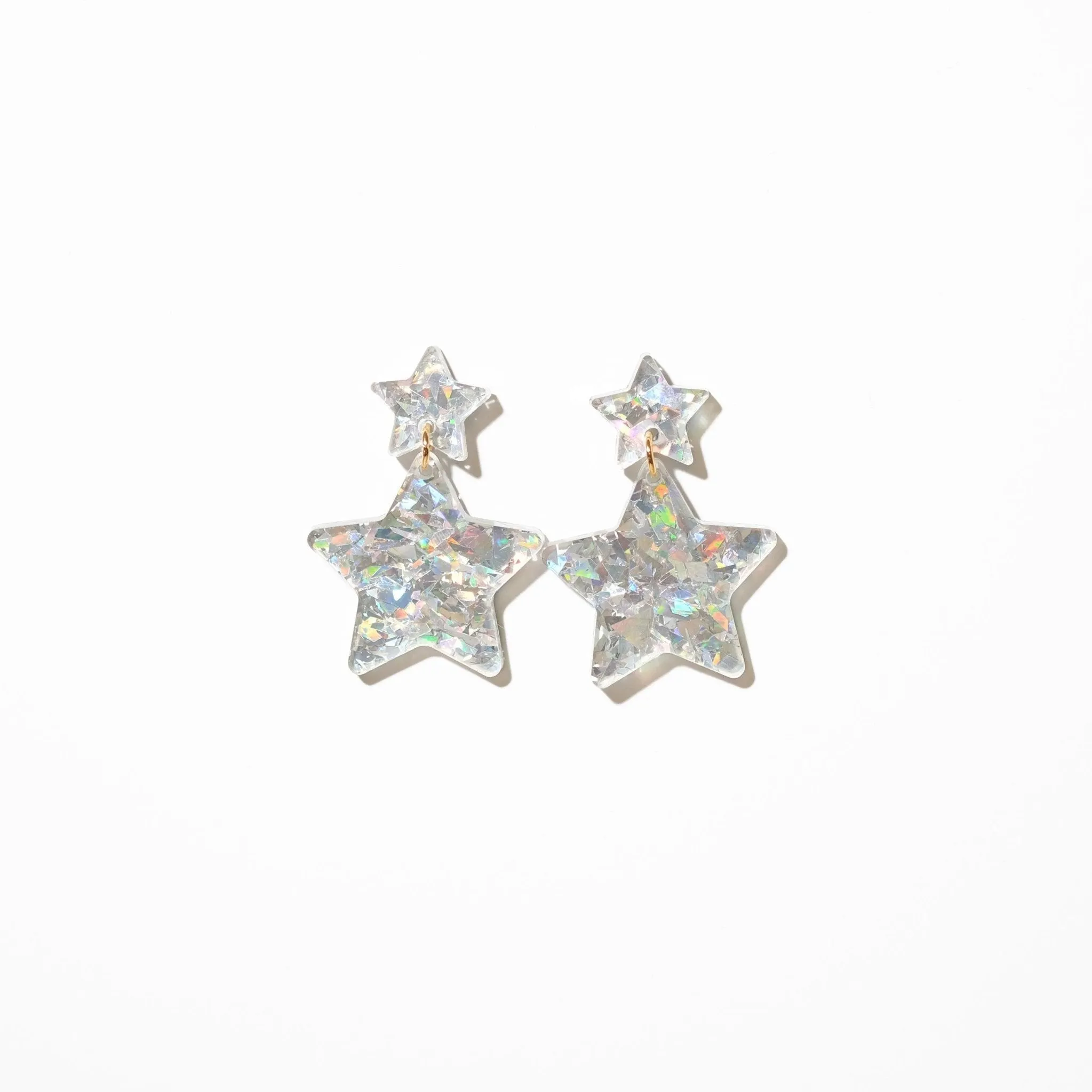 Double Star Dangle Earrings - Iridescent Silver Glitter