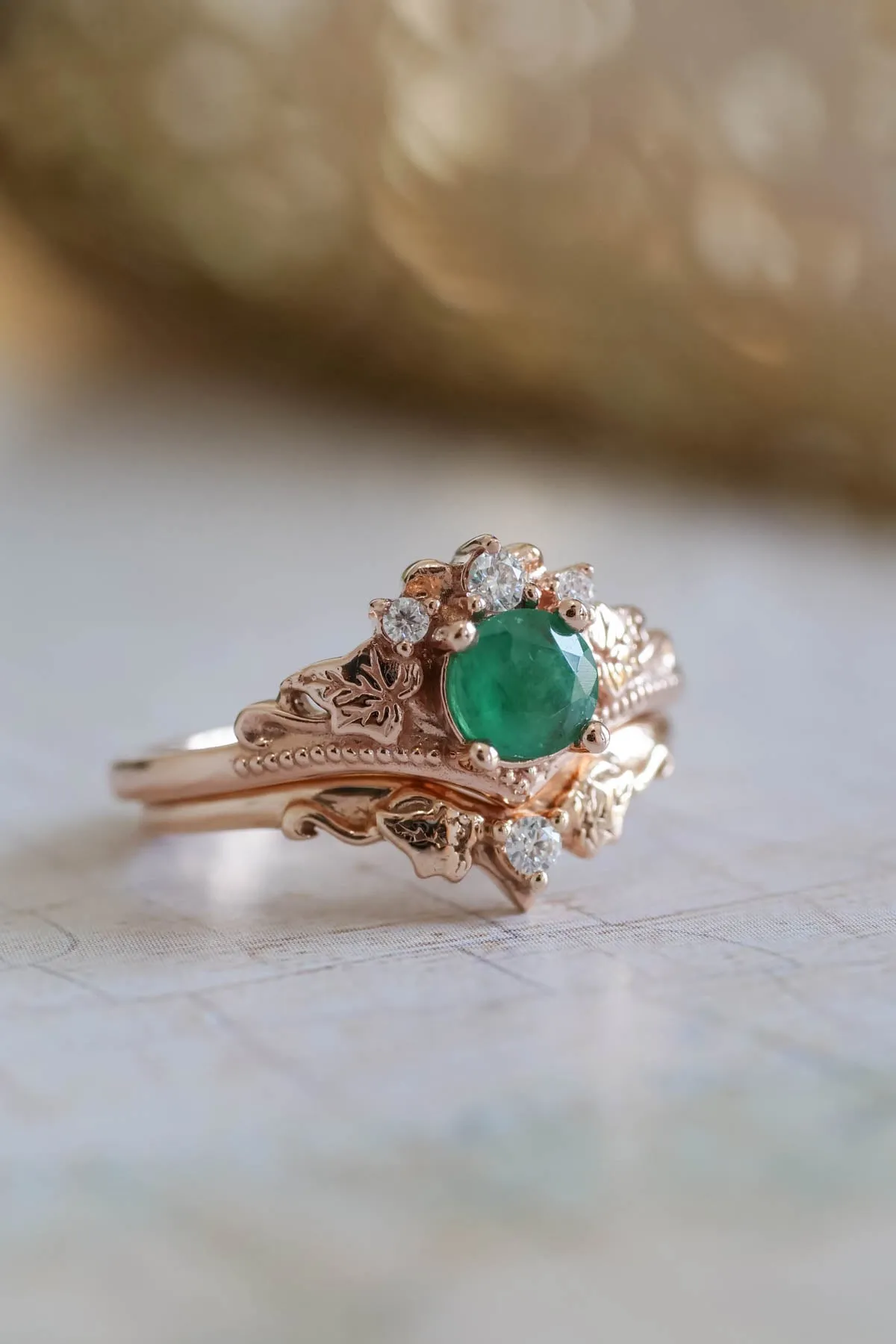 Emerald bridal ring set with diamonds, alternative engagement ring set / Ariadne