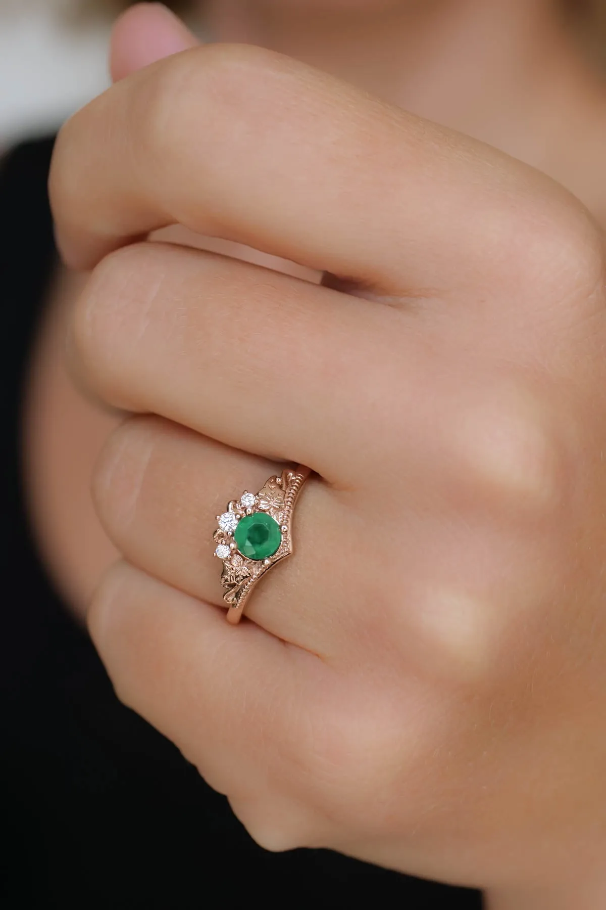 Emerald bridal ring set with diamonds, alternative engagement ring set / Ariadne