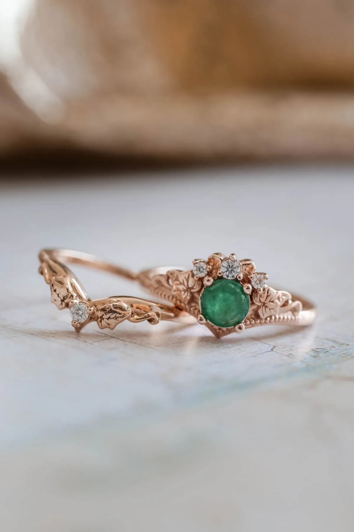 Emerald bridal ring set with diamonds, alternative engagement ring set / Ariadne