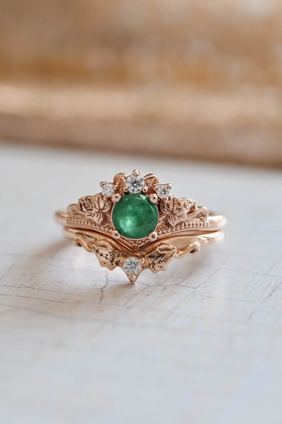 Emerald bridal ring set with diamonds, alternative engagement ring set / Ariadne