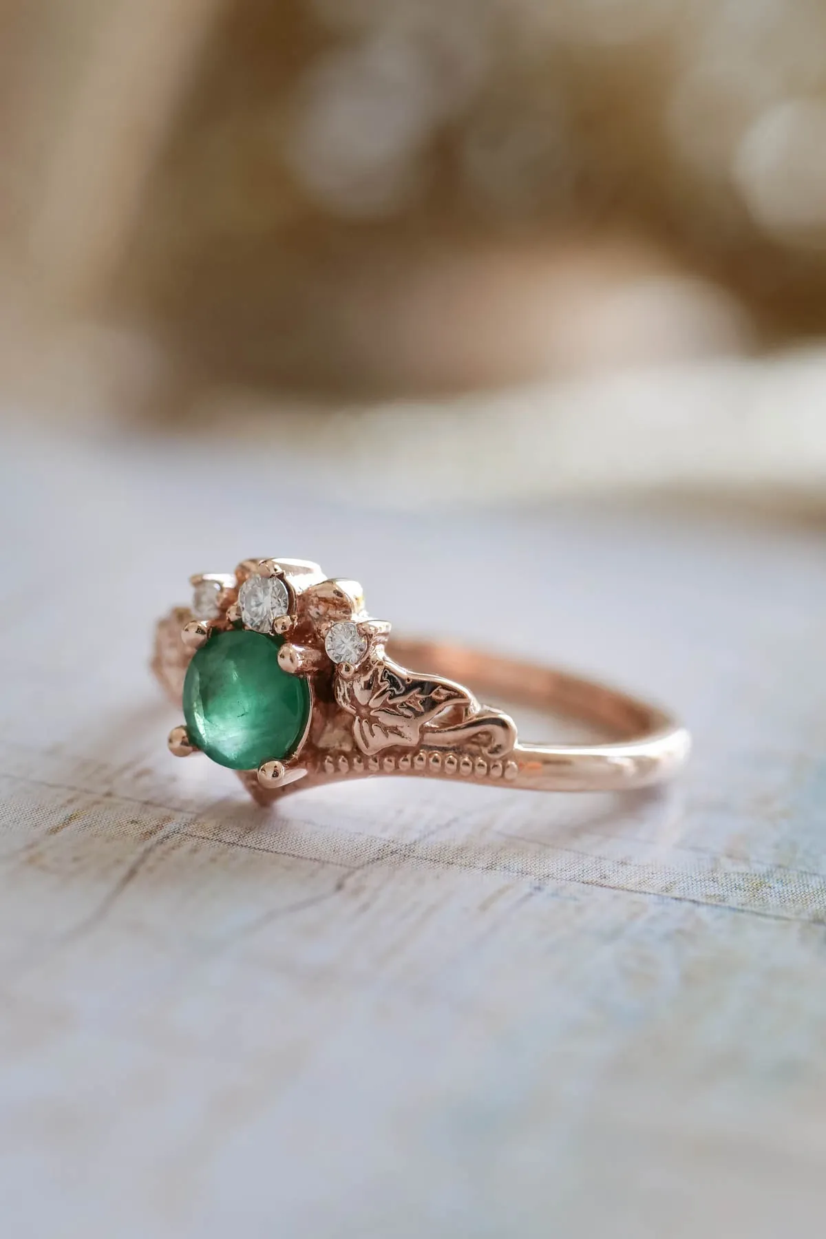 Emerald bridal ring set with diamonds, alternative engagement ring set / Ariadne