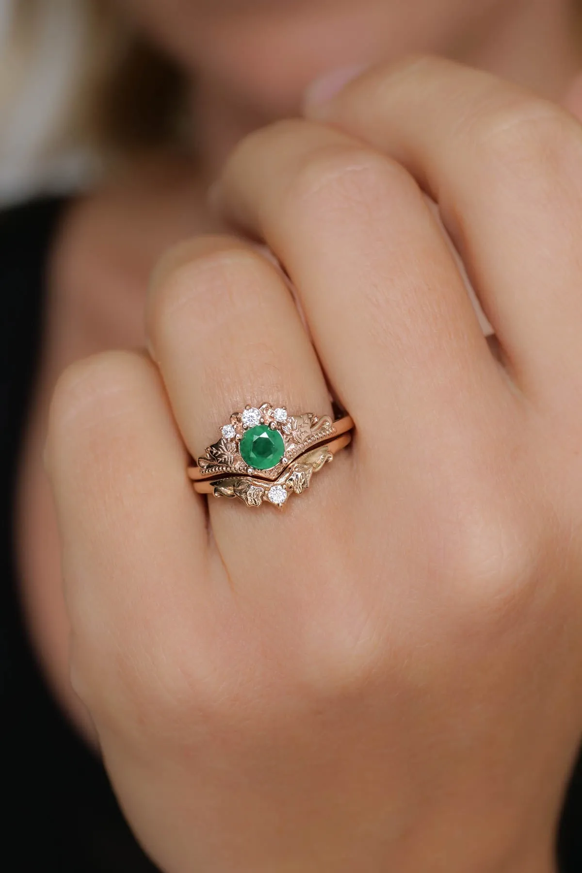 Emerald bridal ring set with diamonds, alternative engagement ring set / Ariadne