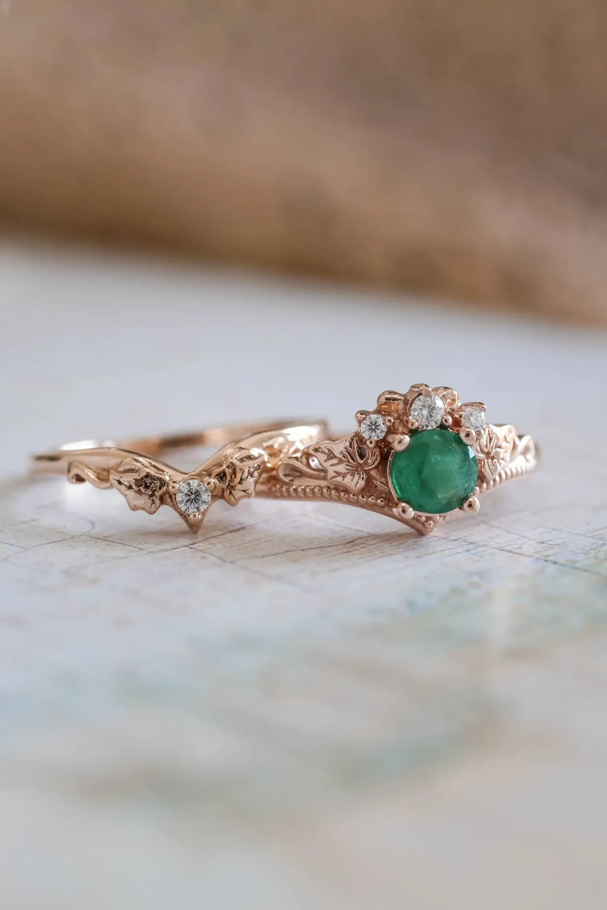 Emerald bridal ring set with diamonds, alternative engagement ring set / Ariadne