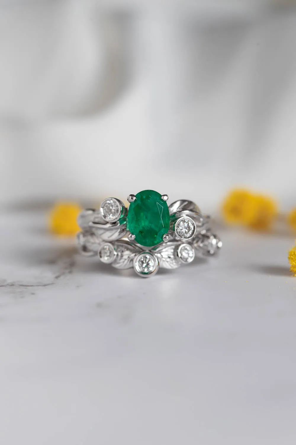 Emerald engagement ring with diamonds, white gold branch engagement ring / Arius