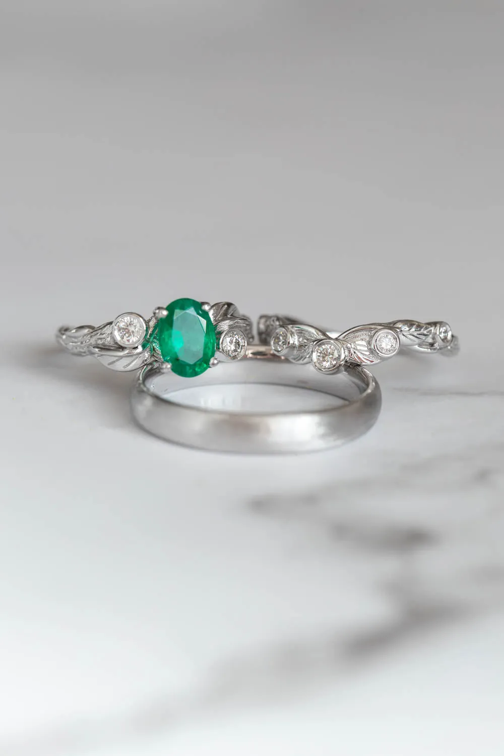 Emerald engagement ring with diamonds, white gold branch engagement ring / Arius