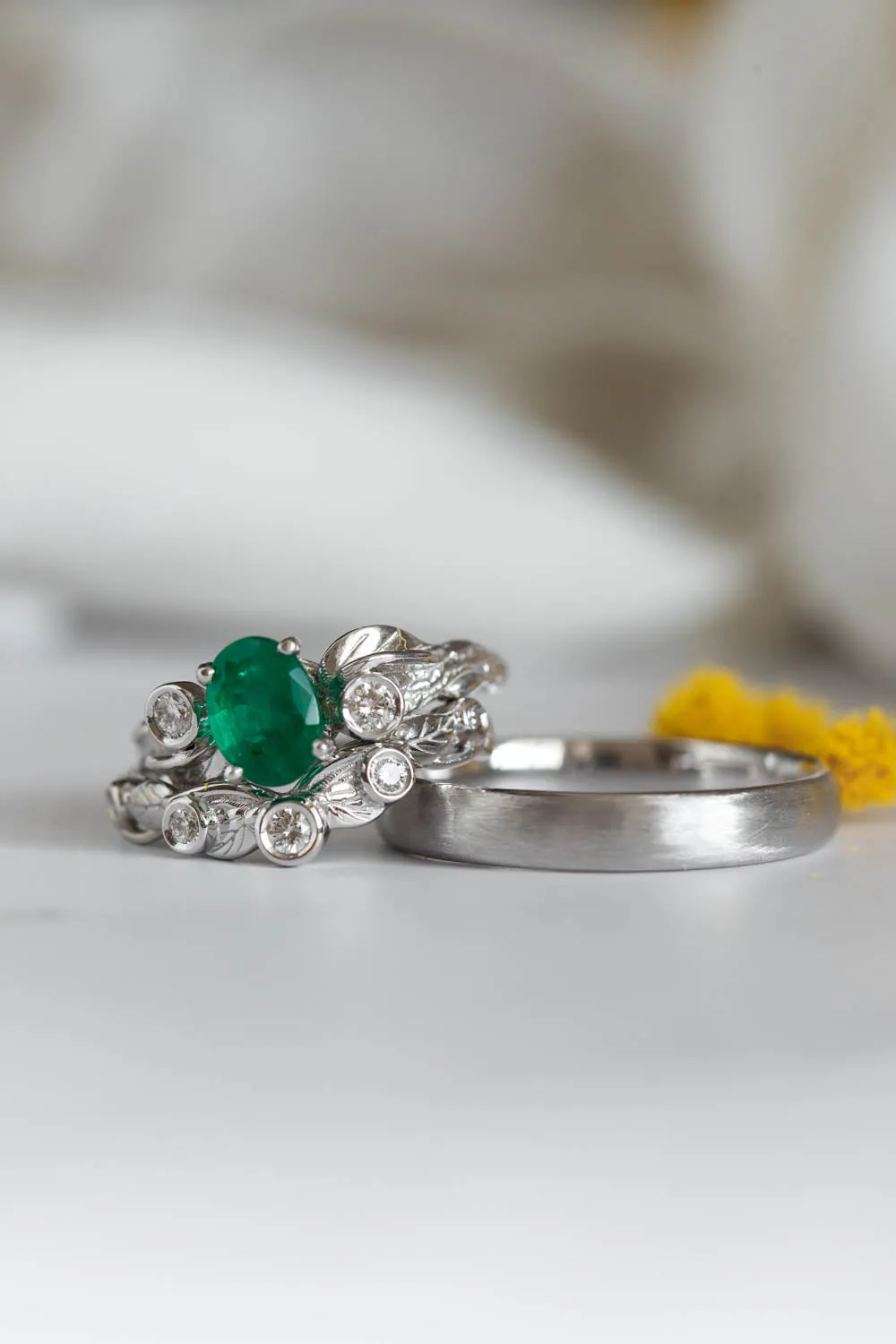 Emerald engagement ring with diamonds, white gold branch engagement ring / Arius