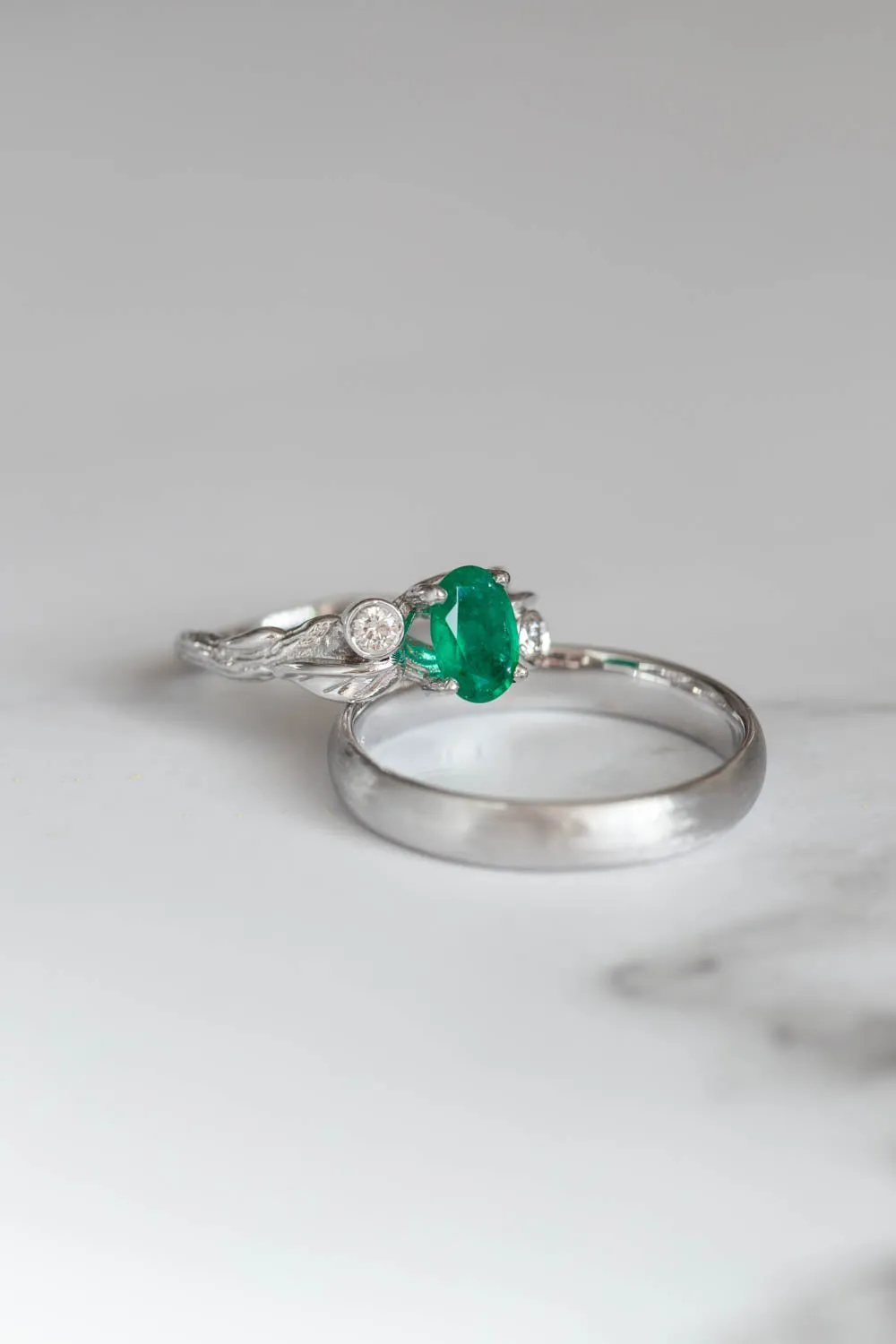 Emerald engagement ring with diamonds, white gold branch engagement ring / Arius