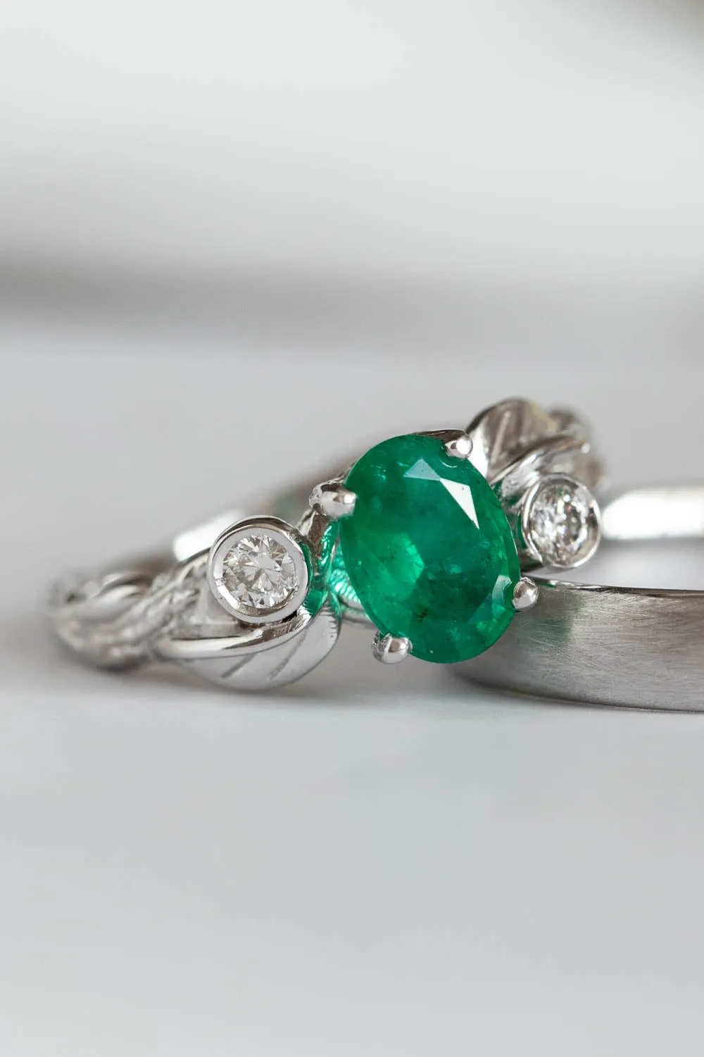 Emerald engagement ring with diamonds, white gold branch engagement ring / Arius