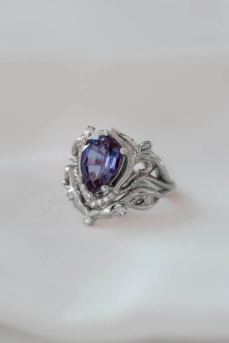 Engagement ring with big pear cut lab alexandrite / Lida