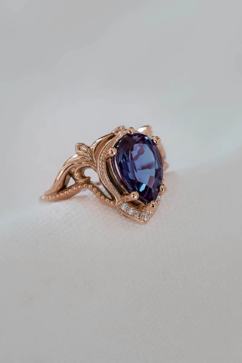 Engagement ring with big pear cut lab alexandrite / Lida