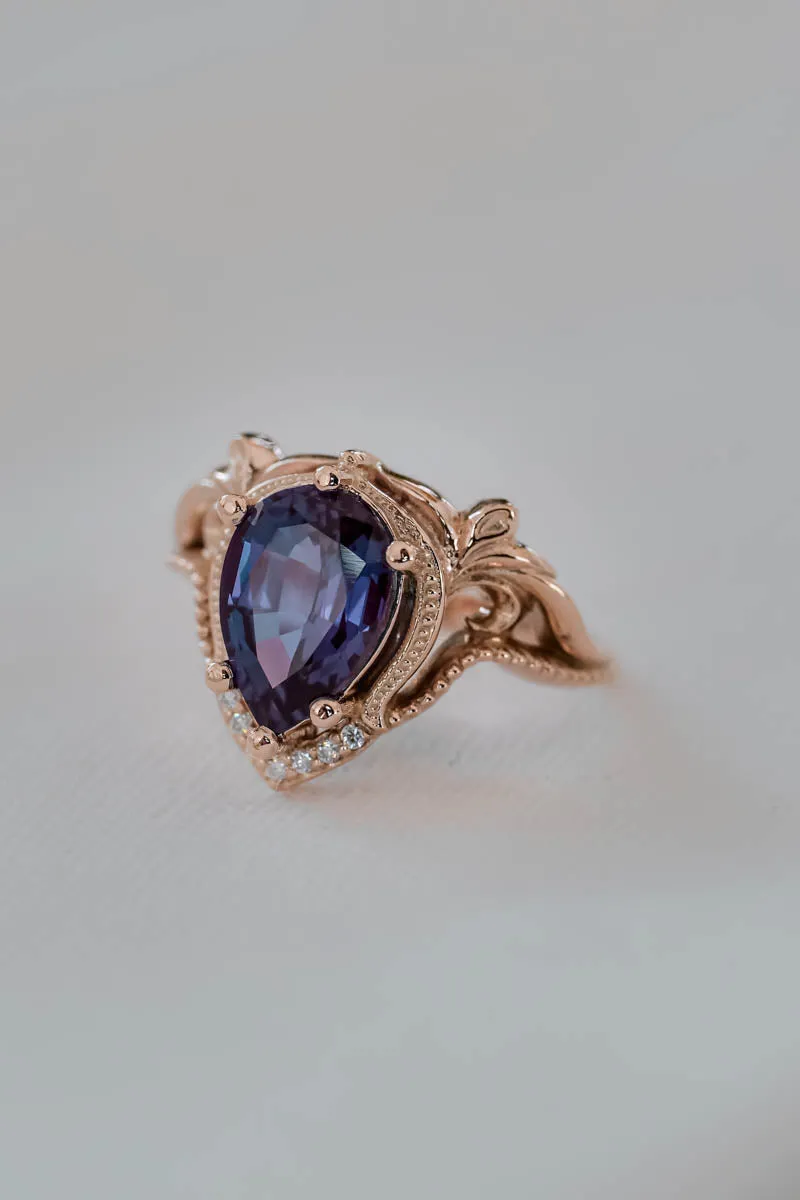 Engagement ring with big pear cut lab alexandrite / Lida