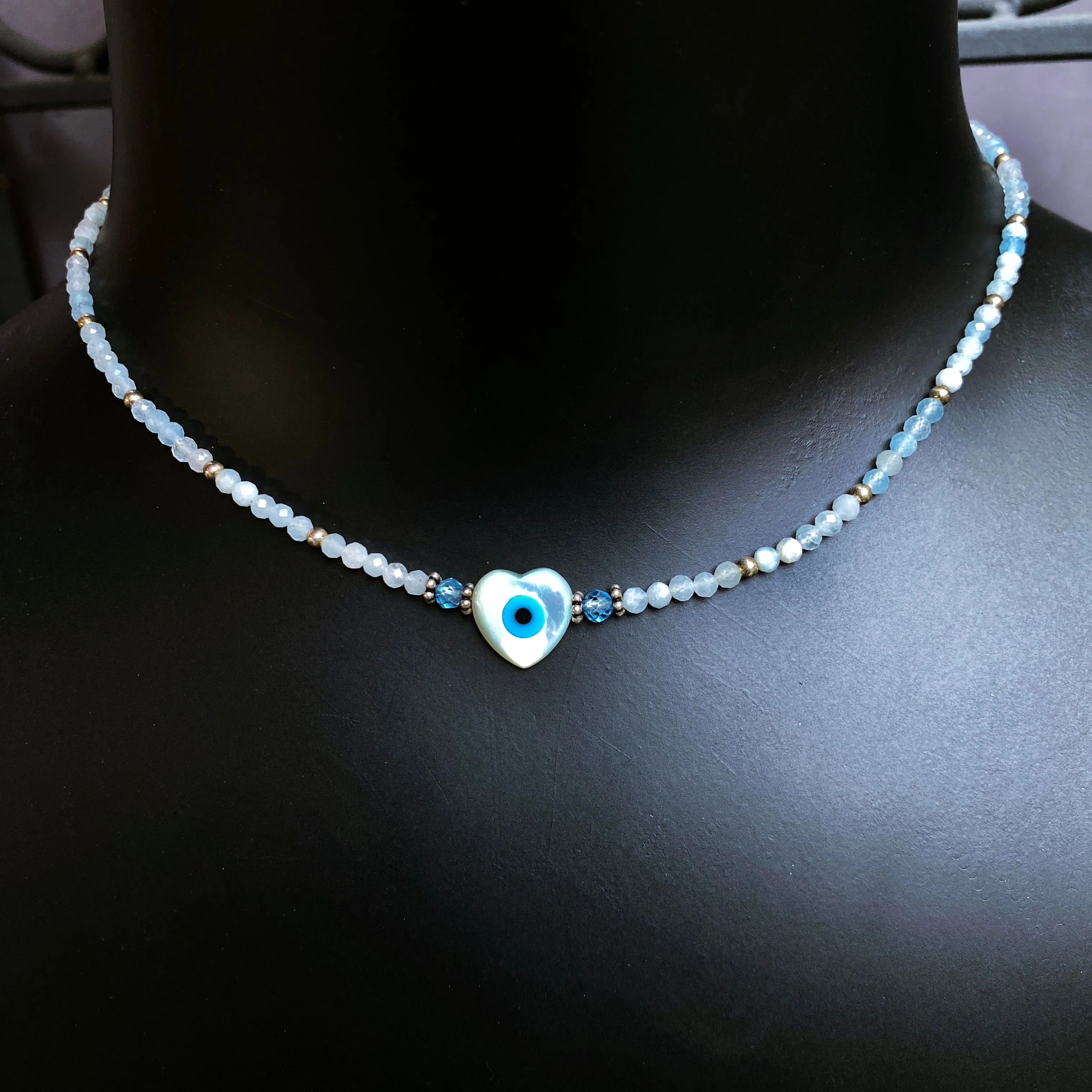 Evil Eye Heart with Aquamarine & Blue Topaz Gemstone necklace