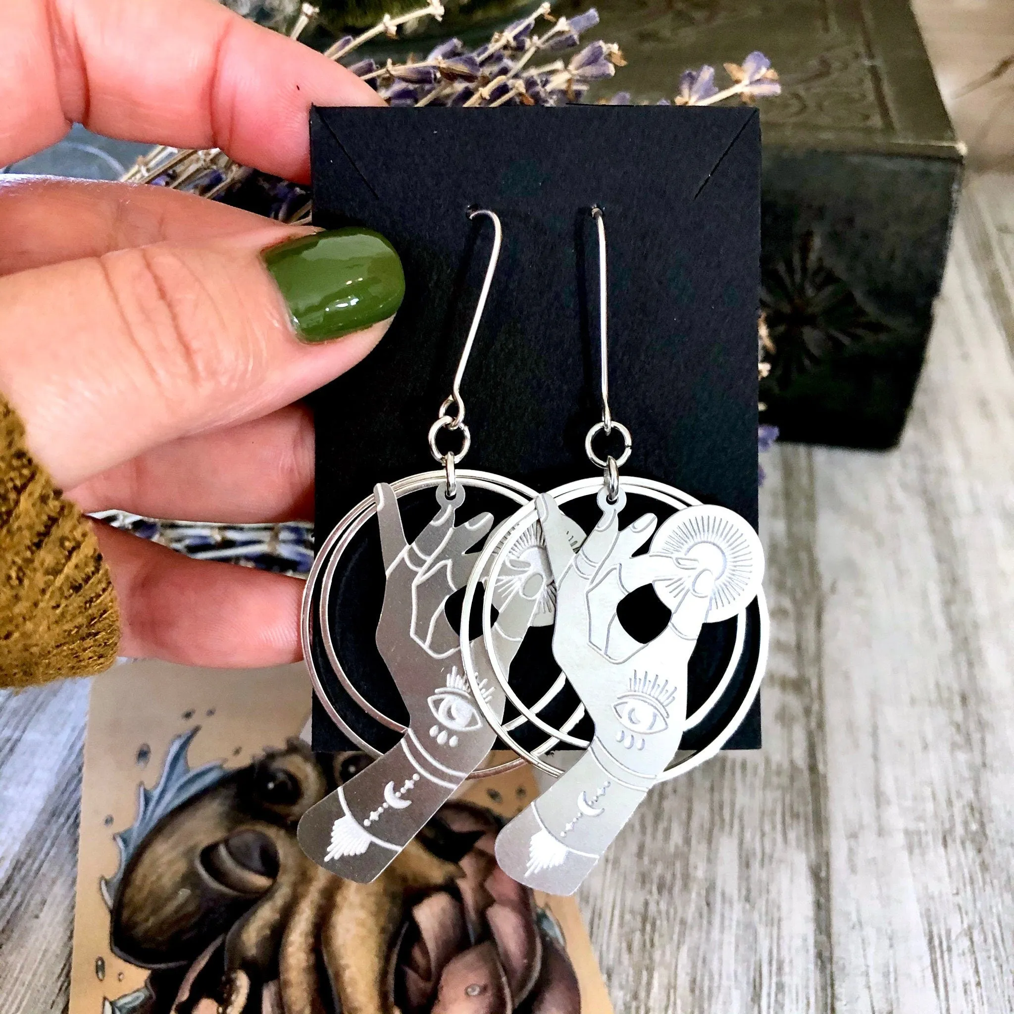 Fortune Teller Earrings Sterling Silver & Stainless Steel Earrings/  Evil Eye Moon Earrings  - Long Dangly Geometric Earrings