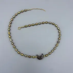 Freshwater pearl, Peridot, Mother of Pearl Moon Choker Necklace w/ 14 kt GF