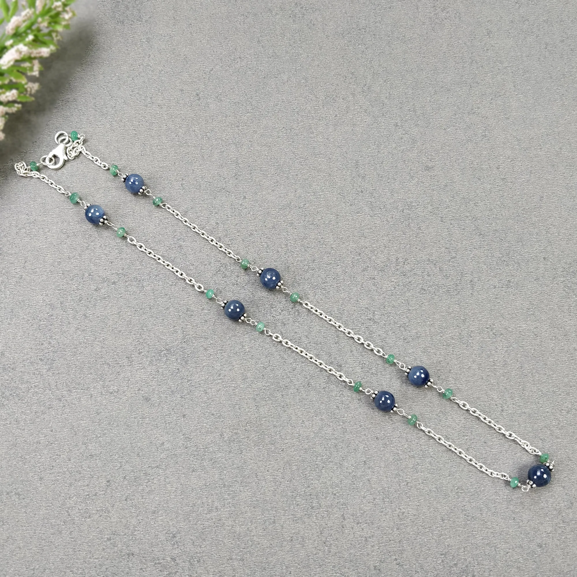 Gemstone Beads Necklace : Natural Blue Sapphire Round Ball With Emerald Beads 925 Sterling Silver Chain Necklace 18" Gift for HER