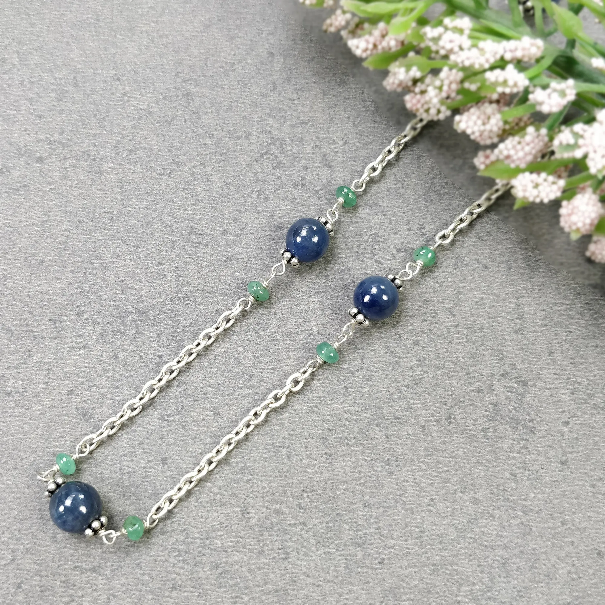 Gemstone Beads Necklace : Natural Blue Sapphire Round Ball With Emerald Beads 925 Sterling Silver Chain Necklace 18" Gift for HER