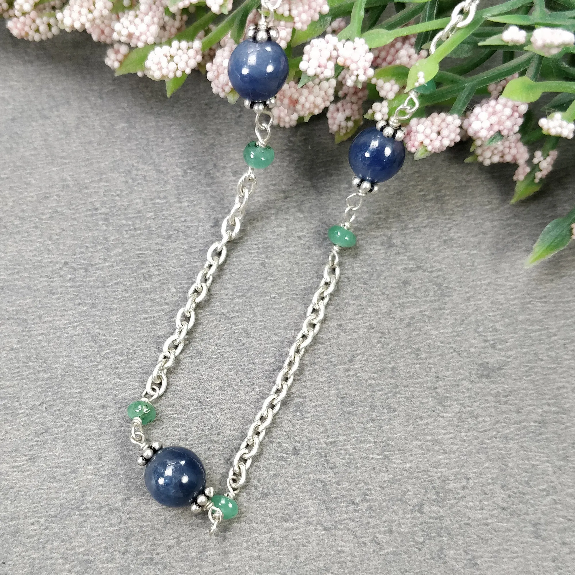 Gemstone Beads Necklace : Natural Blue Sapphire Round Ball With Emerald Beads 925 Sterling Silver Chain Necklace 18" Gift for HER