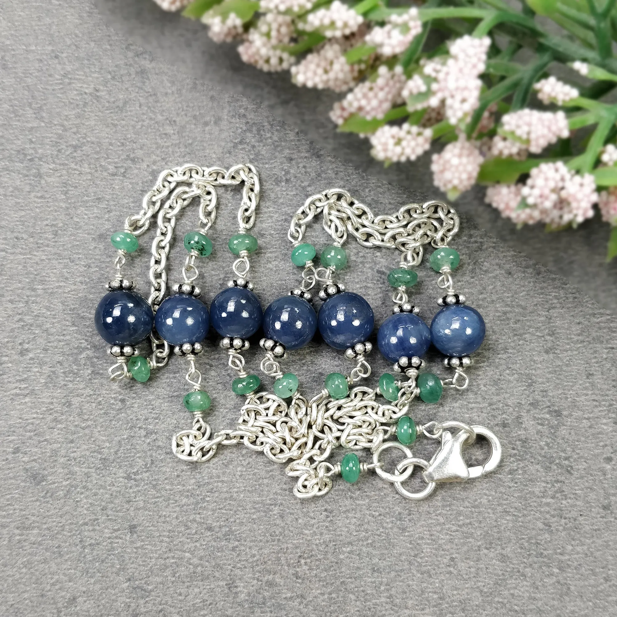 Gemstone Beads Necklace : Natural Blue Sapphire Round Ball With Emerald Beads 925 Sterling Silver Chain Necklace 18" Gift for HER