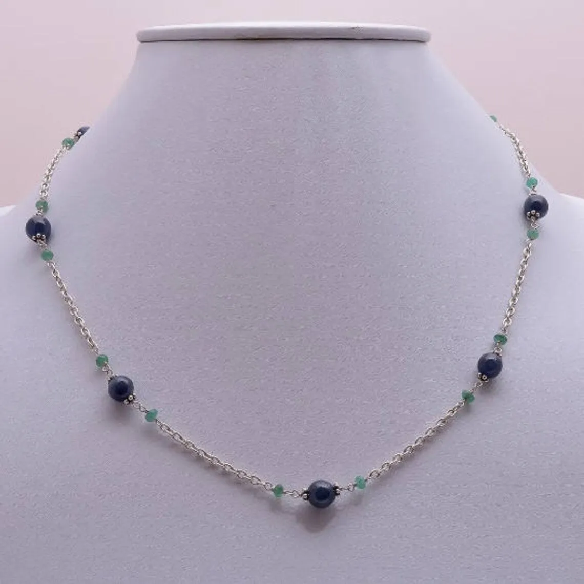 Gemstone Beads Necklace : Natural Blue Sapphire Round Ball With Emerald Beads 925 Sterling Silver Chain Necklace 18" Gift for HER