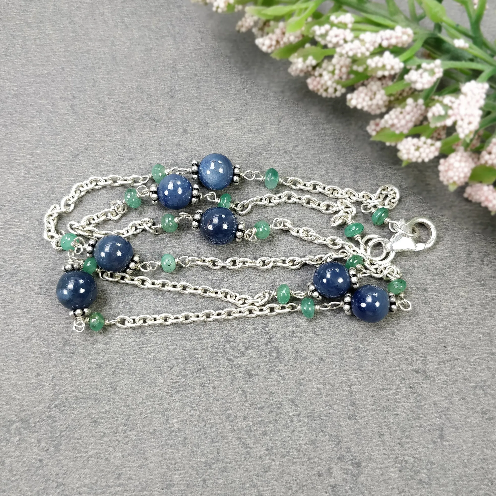 Gemstone Beads Necklace : Natural Blue Sapphire Round Ball With Emerald Beads 925 Sterling Silver Chain Necklace 18" Gift for HER