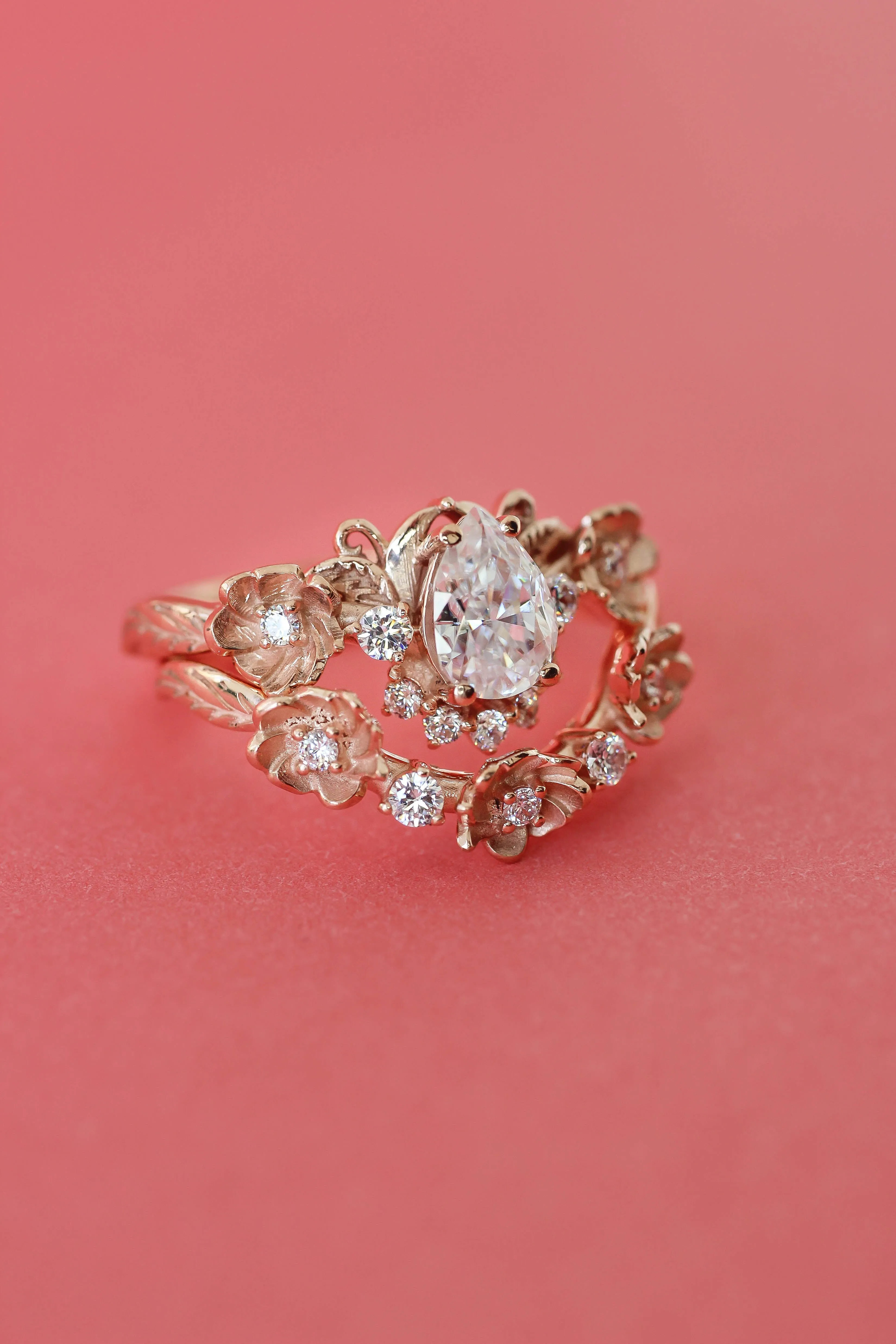 Genuine white sapphire engagement ring, floral proposal ring with diamond crown / Adelina