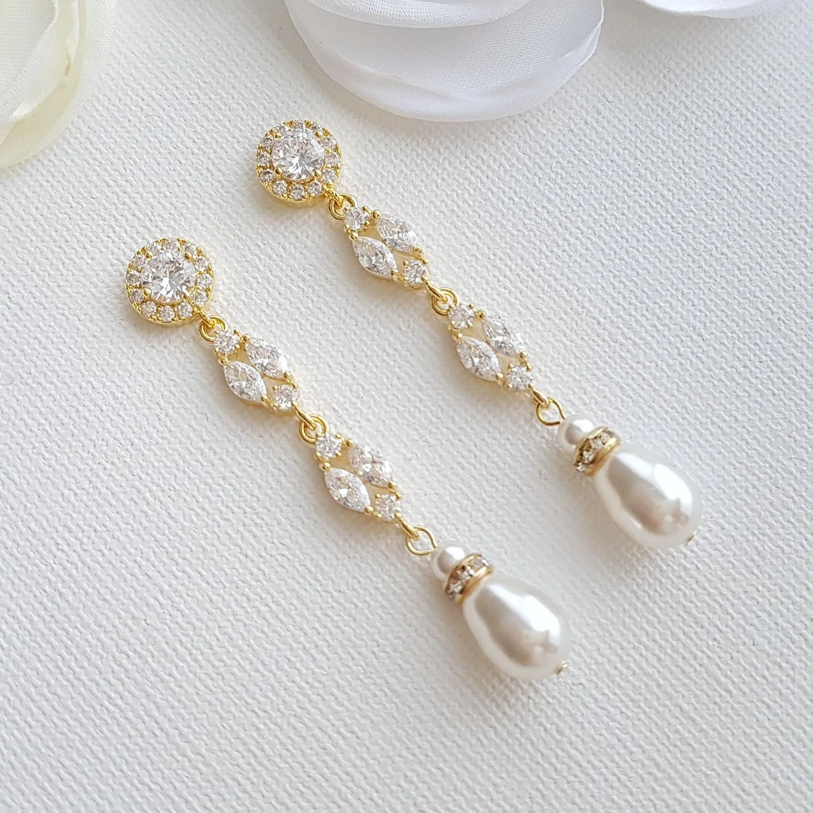 Gold Bridal Jewelry Set with Pearl Crystal Earrings Back Necklace Bracelet Set-Hayley