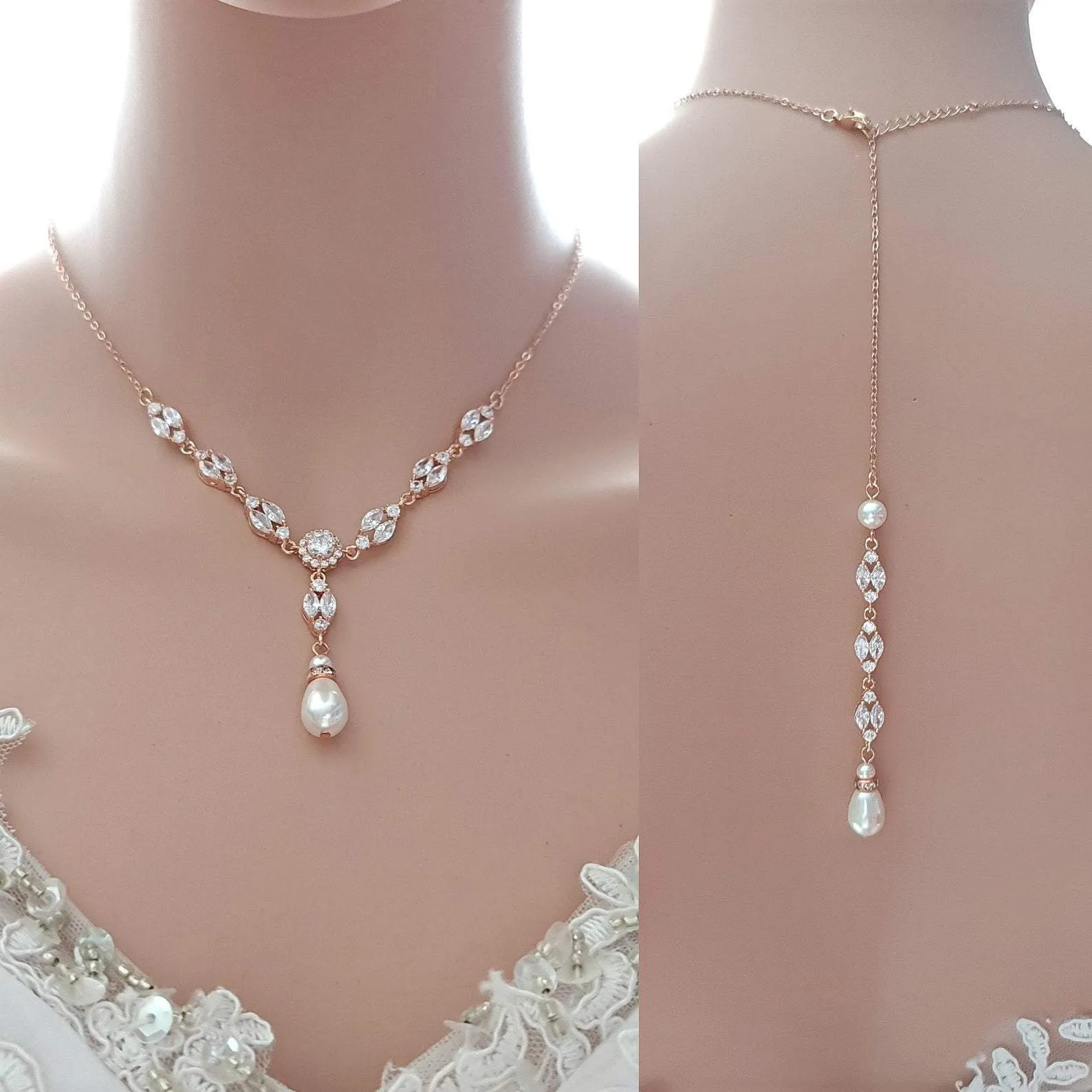 Gold Bridal Jewelry Set with Pearl Crystal Earrings Back Necklace Bracelet Set-Hayley