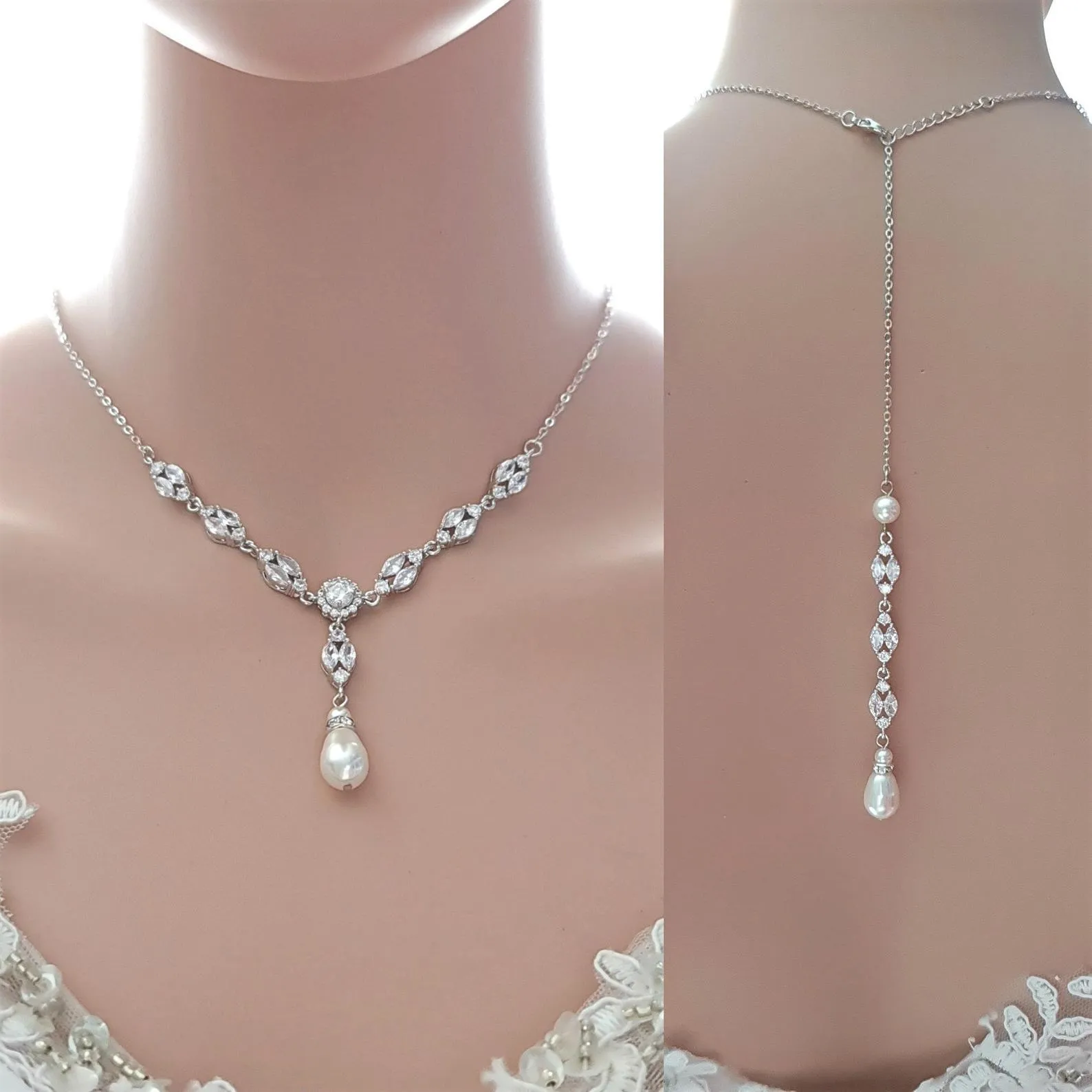 Gold Bridal Jewelry Set with Pearl Crystal Earrings Back Necklace Bracelet Set-Hayley