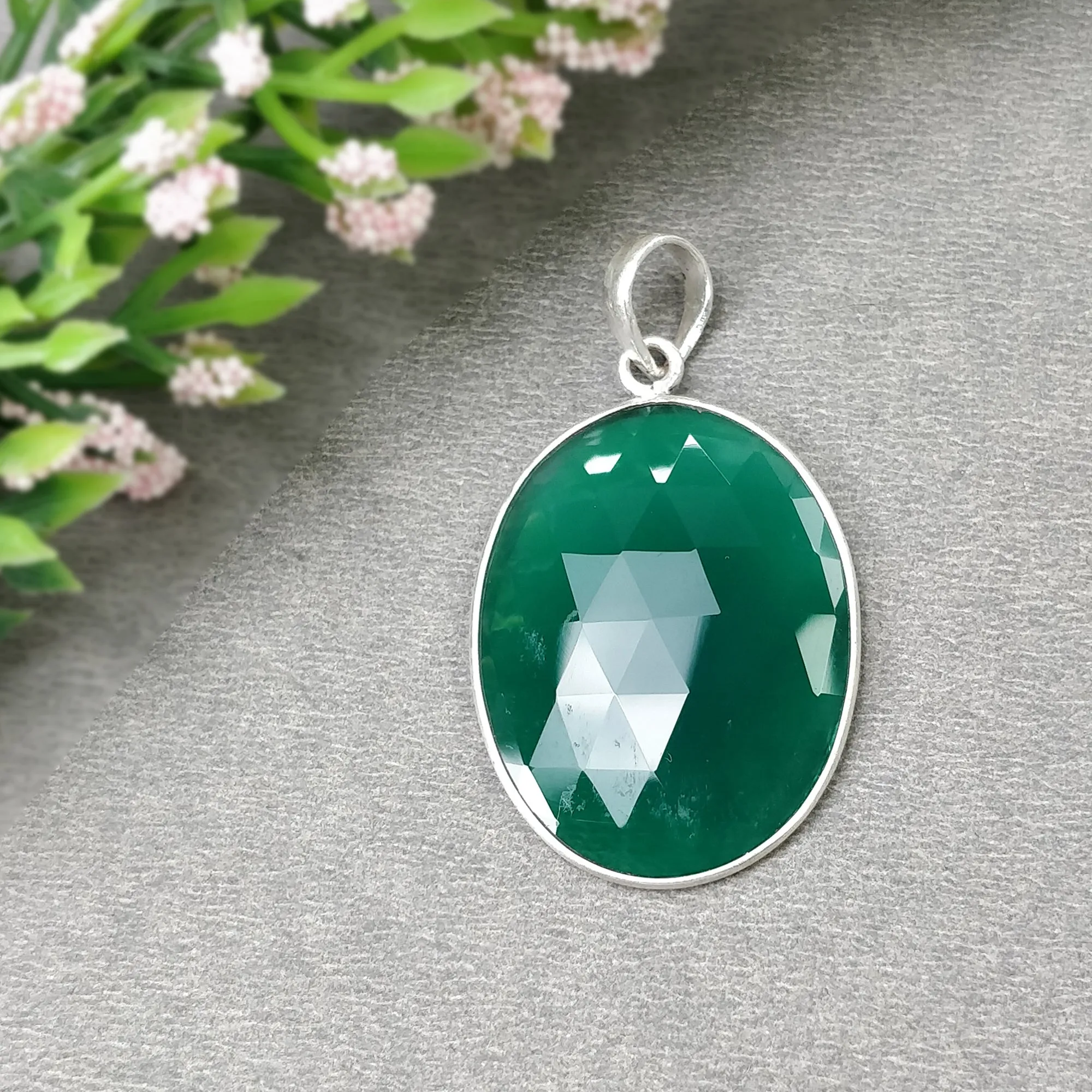 Green Onyx Gemstone Jewelry Set : 925 Sterling Silver Natural Oval Onyx Rose Cut Bezel Set Earrings Pendant Jewelry Set