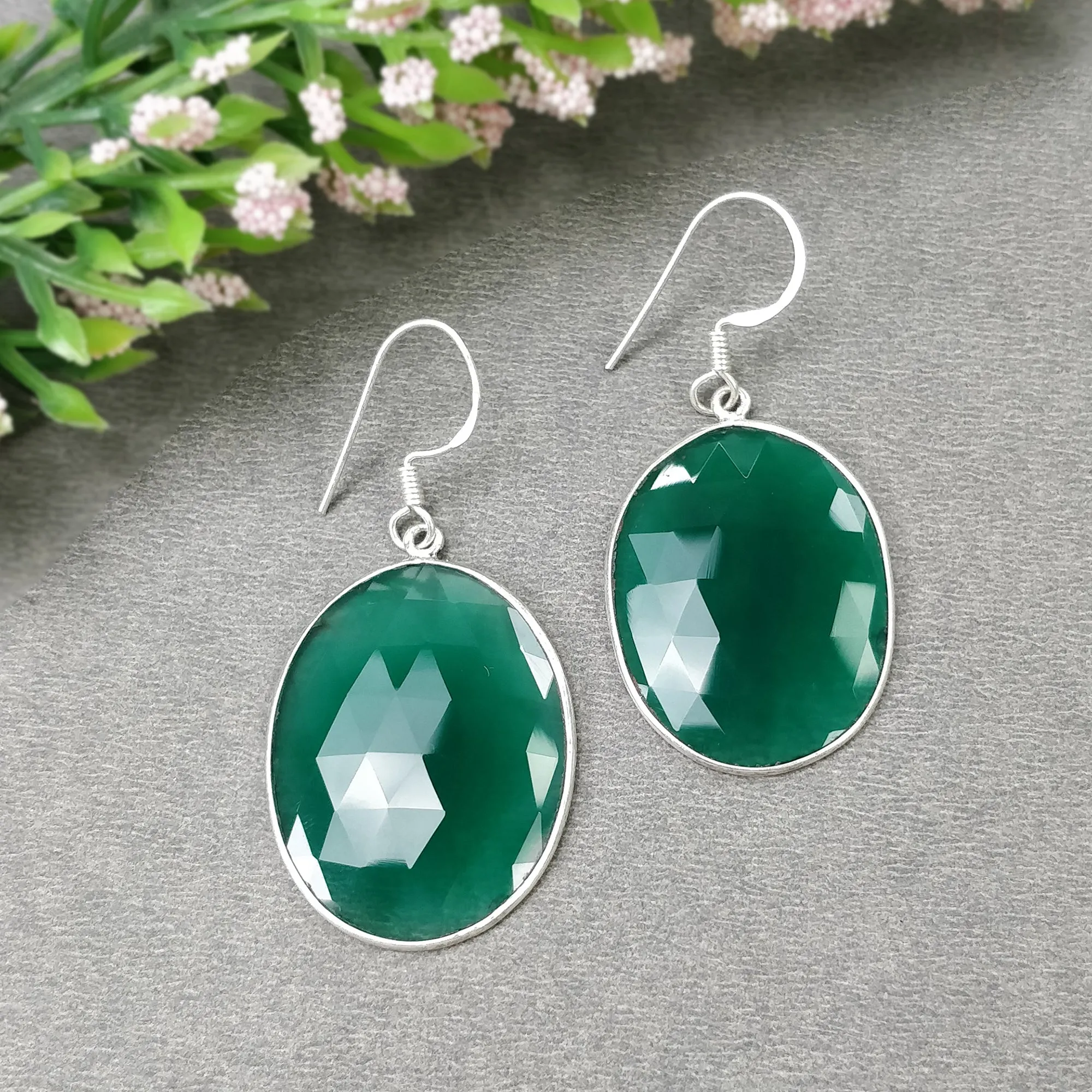 Green Onyx Gemstone Jewelry Set : 925 Sterling Silver Natural Oval Onyx Rose Cut Bezel Set Earrings Pendant Jewelry Set