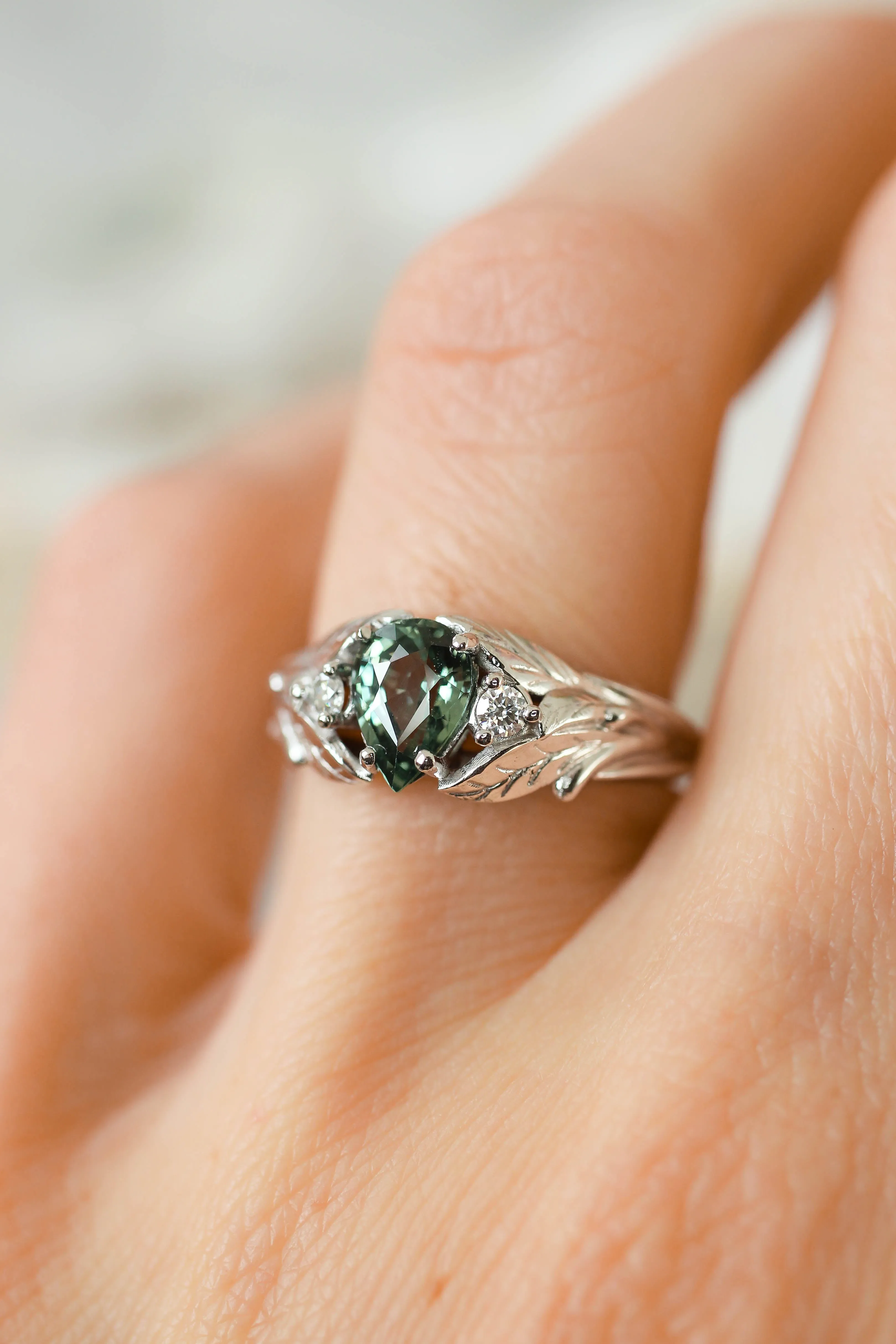 Green sapphire ring with diamonds, leaves engagement ring / Wisteria