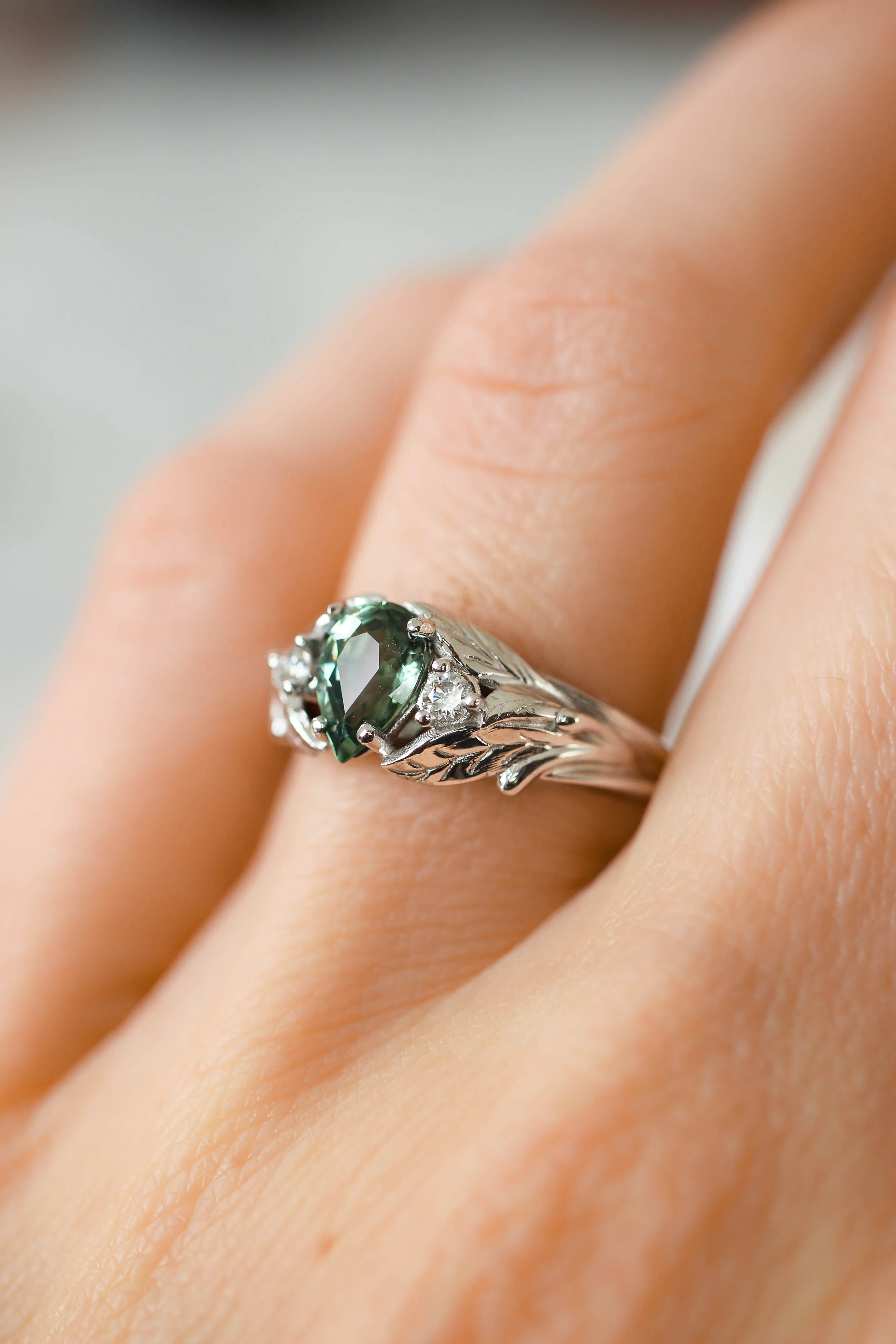 Green sapphire ring with diamonds, leaves engagement ring / Wisteria