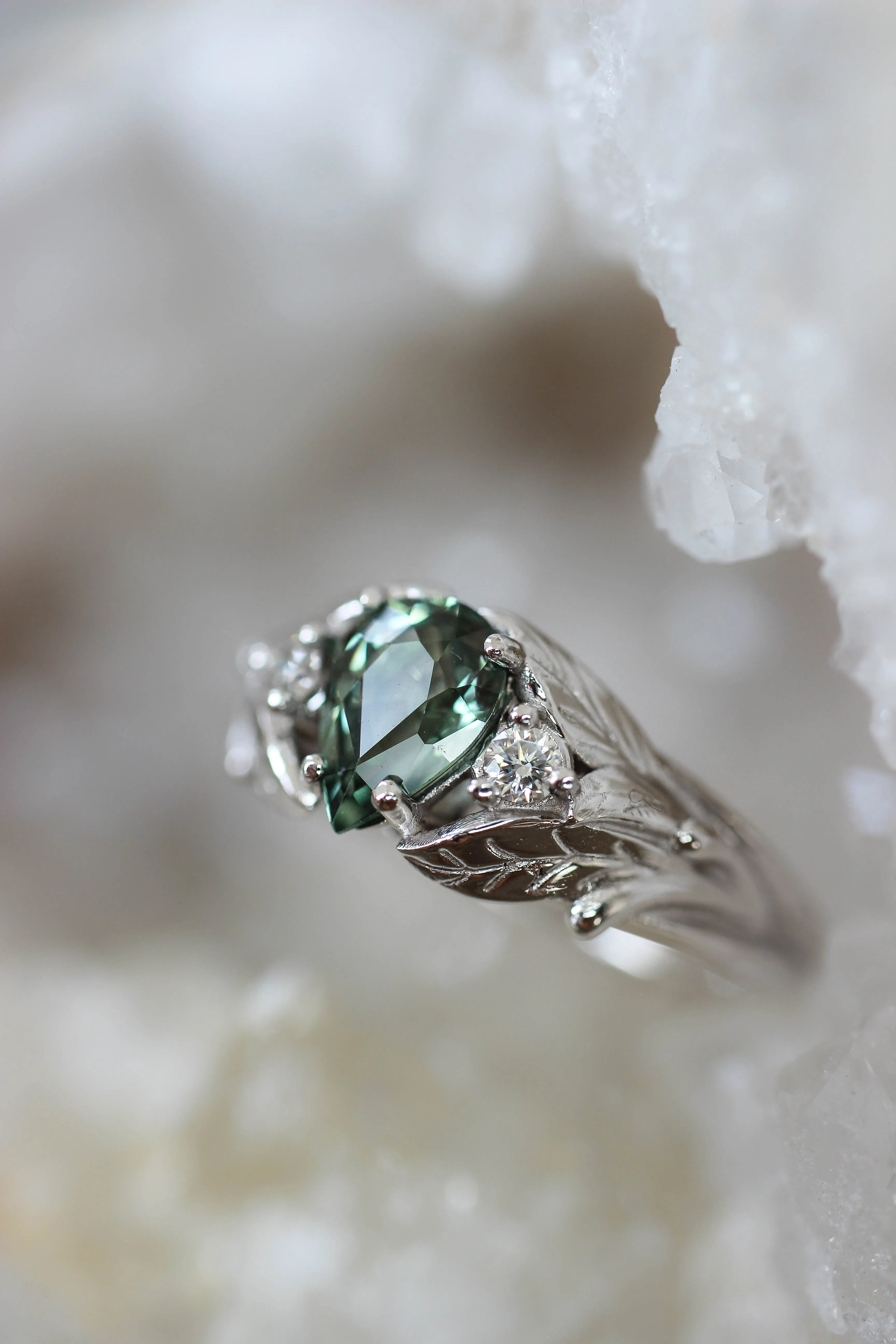 Green sapphire ring with diamonds, leaves engagement ring / Wisteria