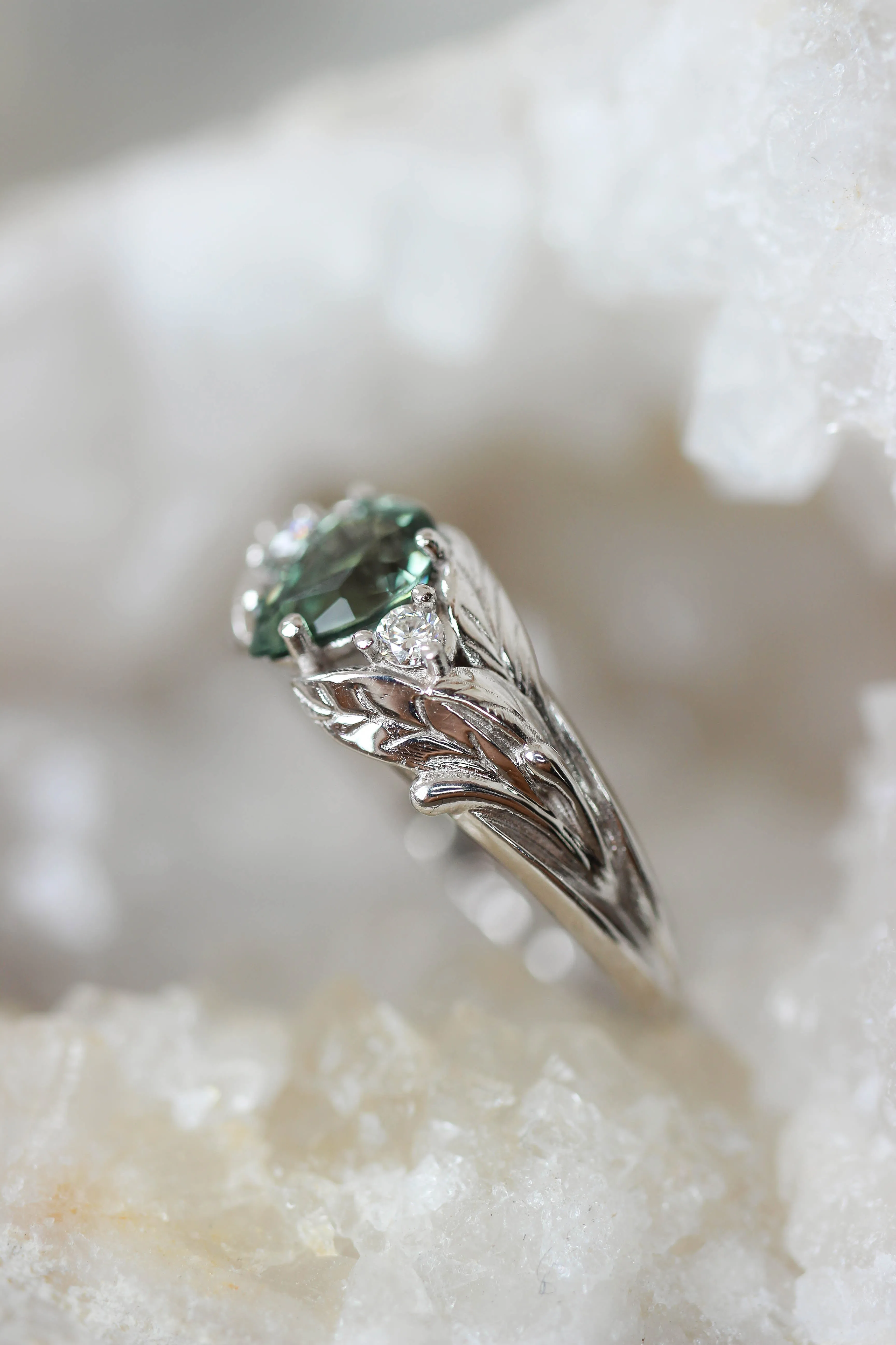 Green sapphire ring with diamonds, leaves engagement ring / Wisteria