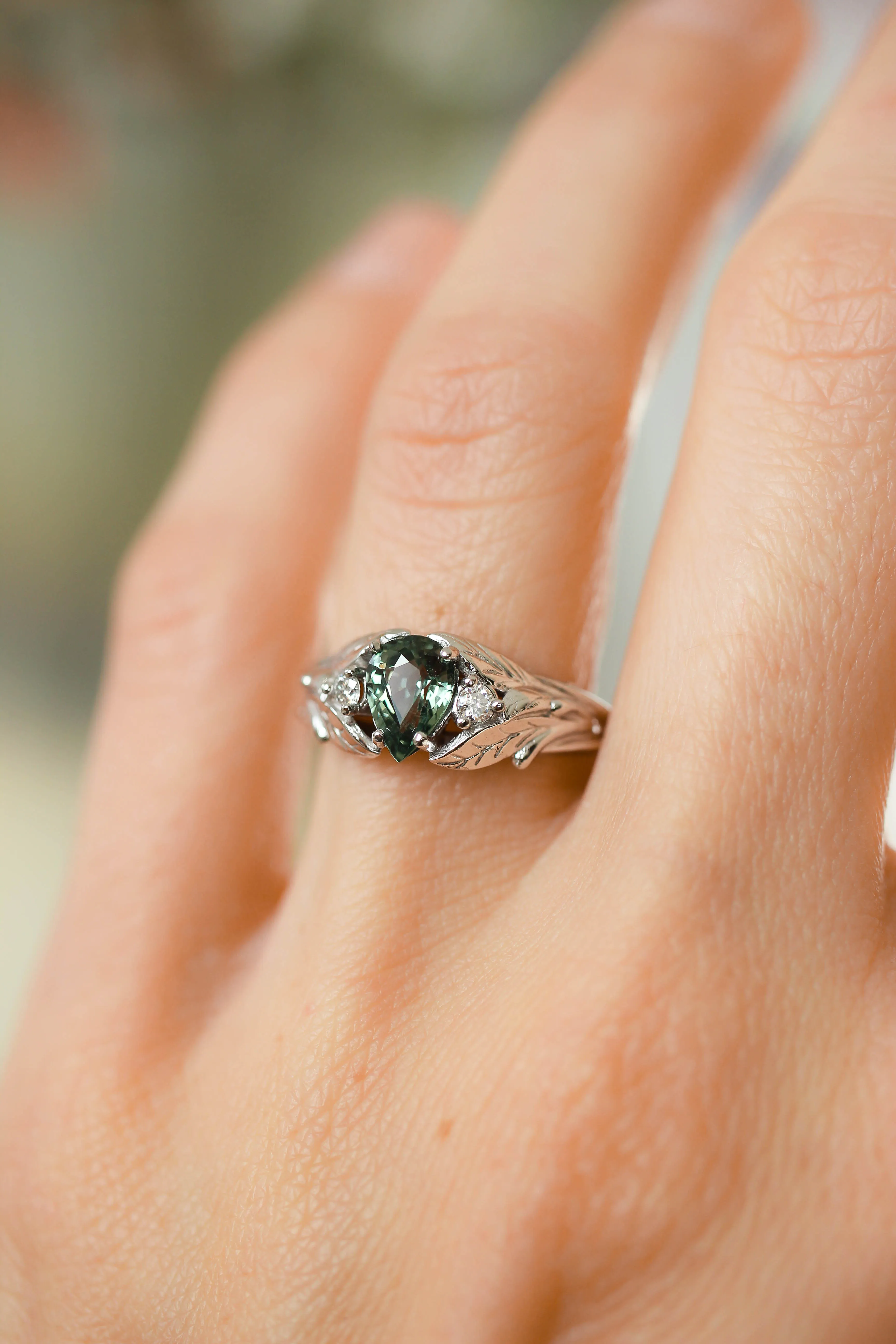 Green sapphire ring with diamonds, leaves engagement ring / Wisteria