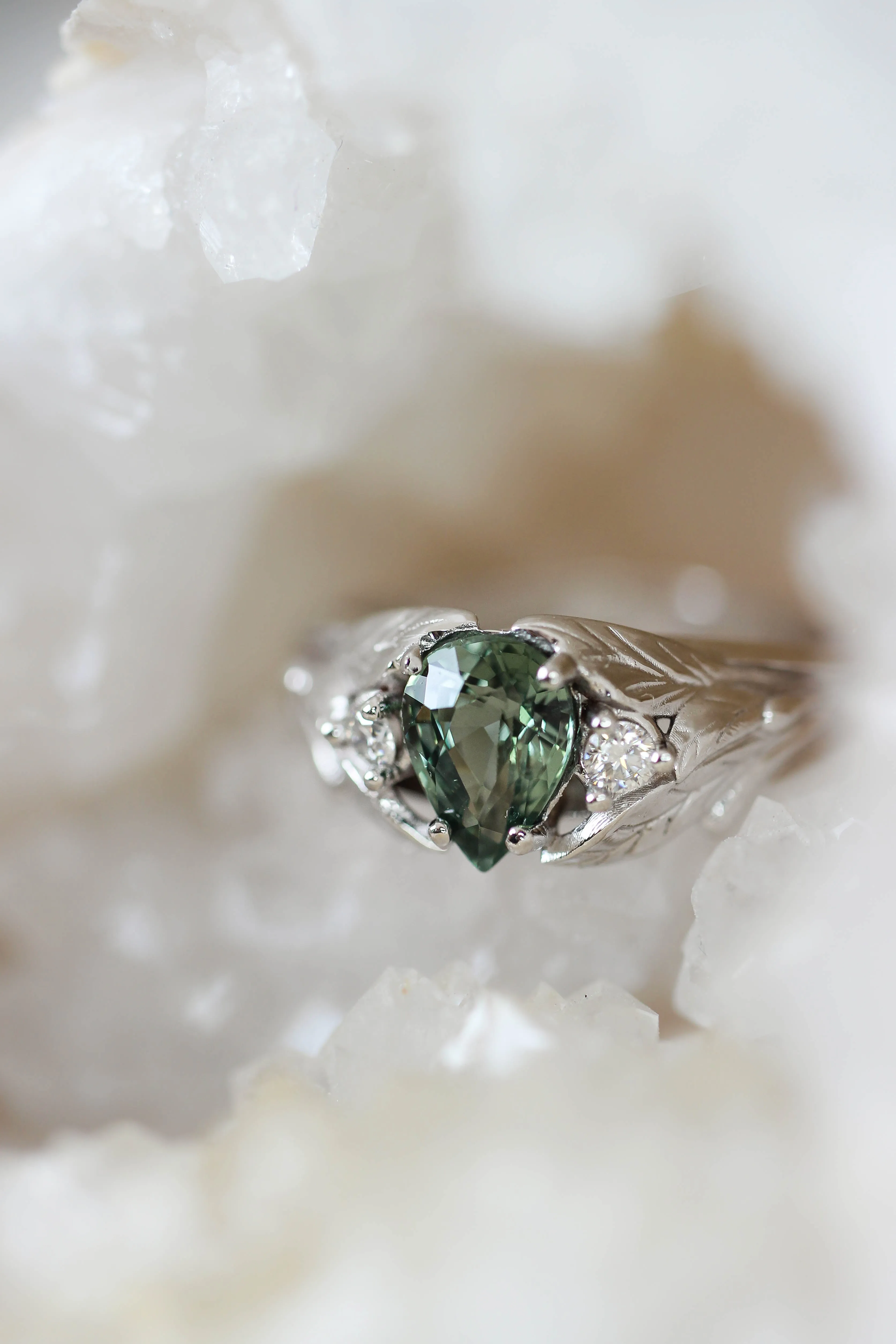 Green sapphire ring with diamonds, leaves engagement ring / Wisteria