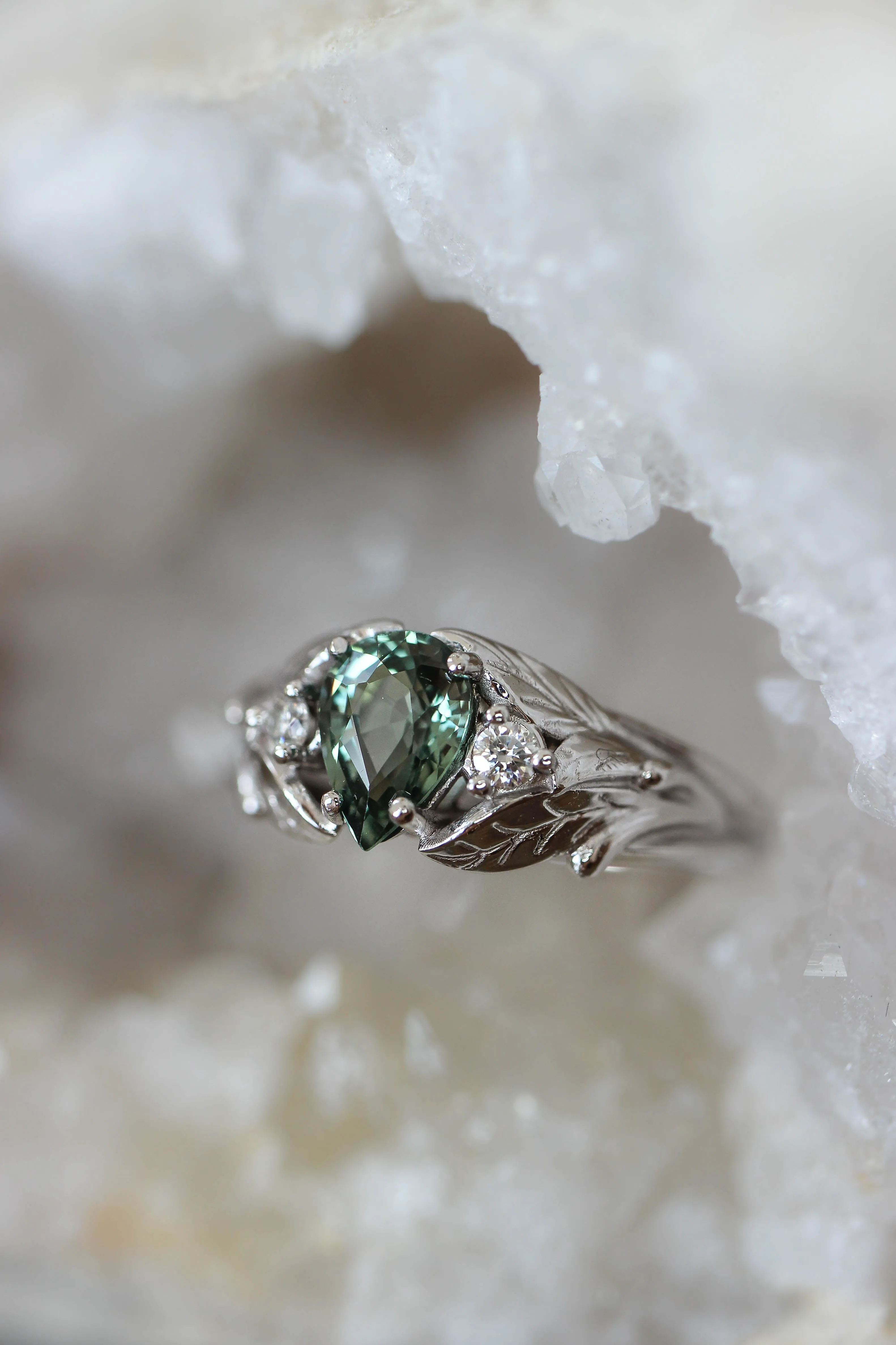 Green sapphire ring with diamonds, leaves engagement ring / Wisteria