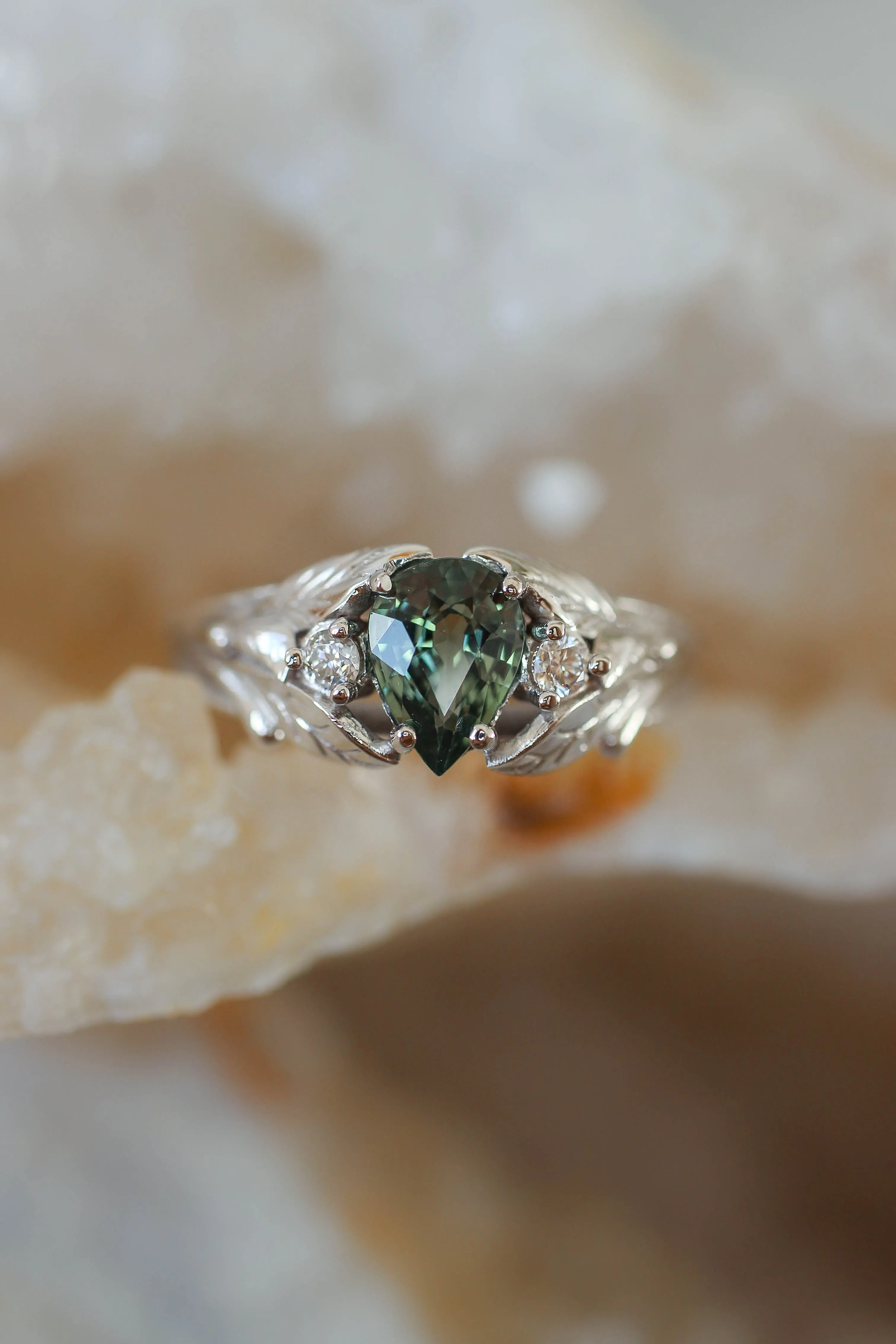 Green sapphire ring with diamonds, leaves engagement ring / Wisteria