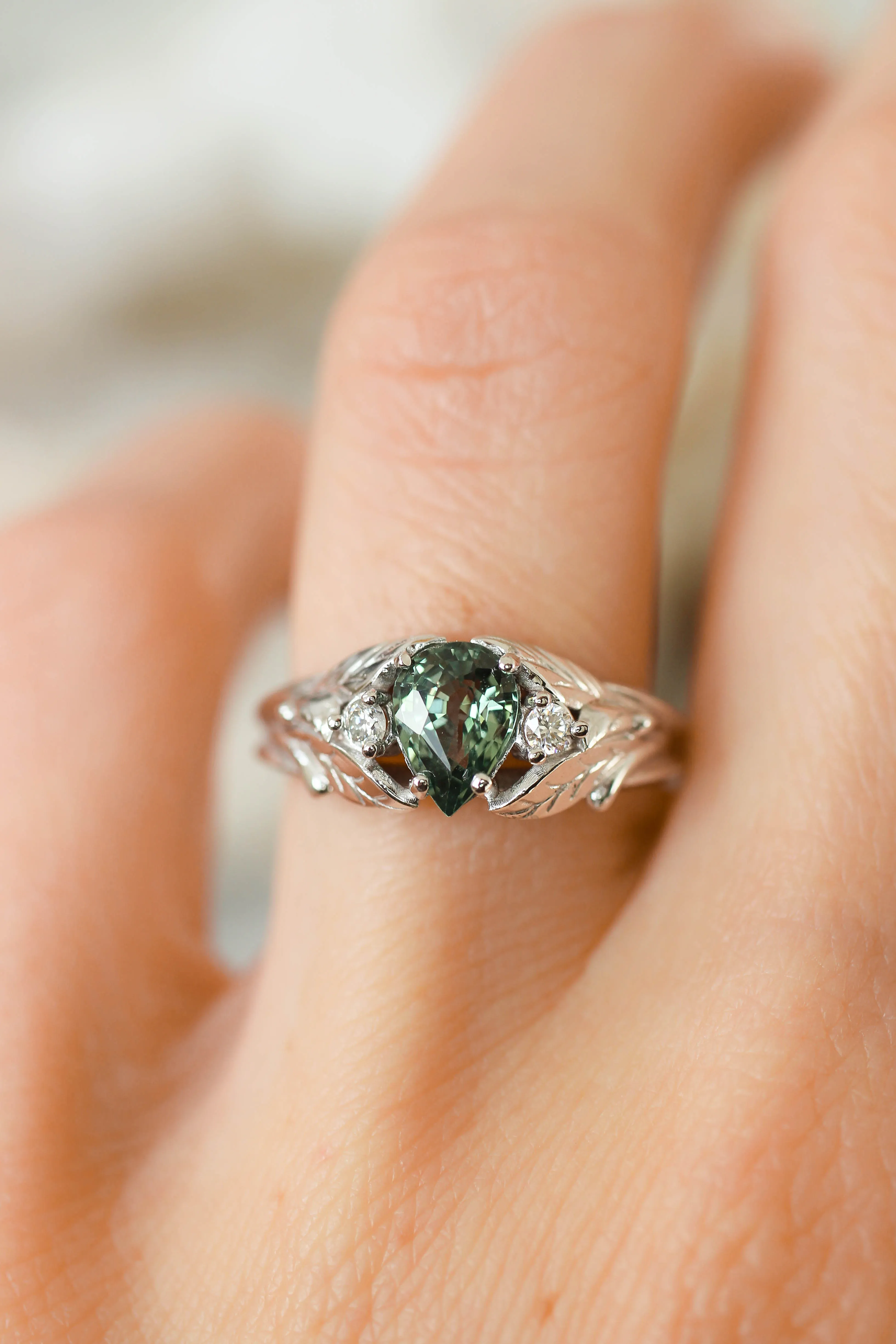 Green sapphire ring with diamonds, leaves engagement ring / Wisteria