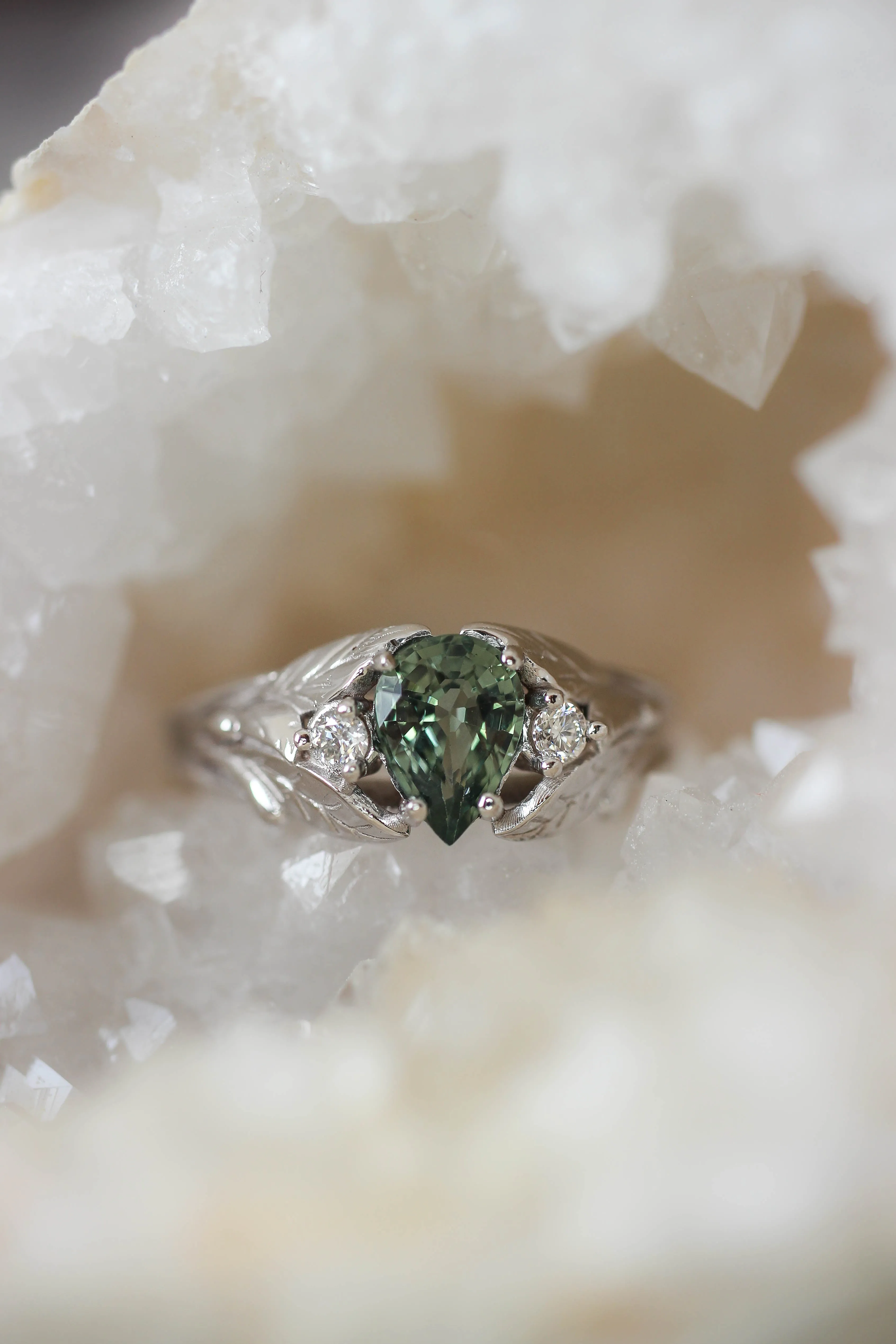 Green sapphire ring with diamonds, leaves engagement ring / Wisteria