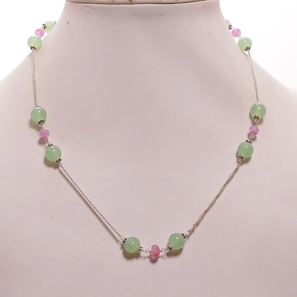 Green SERPENTINE & Pink SAPPHIRE Gemstones Beads Chain NECKLACE : 925 Sterling Silver Natural Round Cabochon 16" Statement Necklace