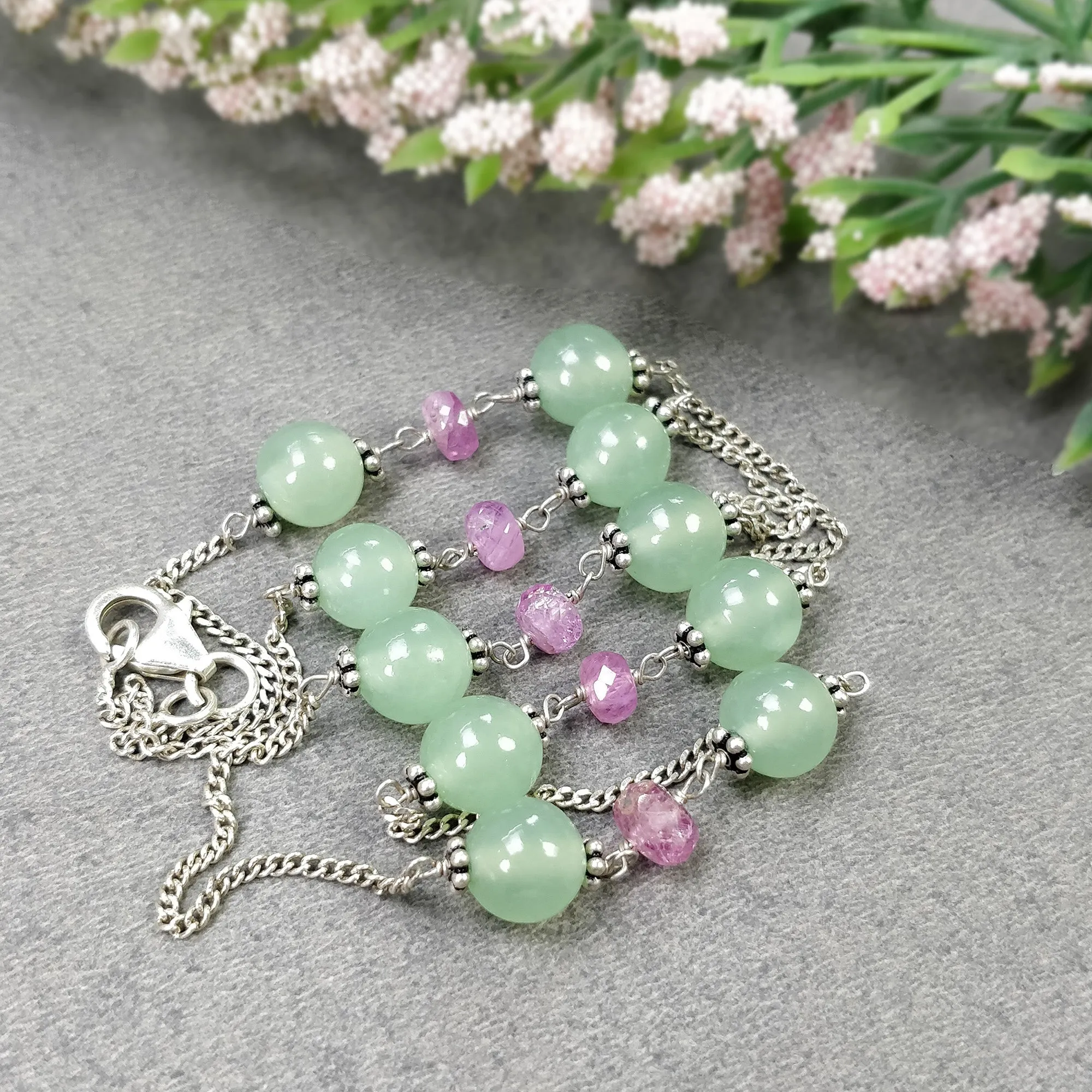 Green SERPENTINE & Pink SAPPHIRE Gemstones Beads Chain NECKLACE : 925 Sterling Silver Natural Round Cabochon 16" Statement Necklace