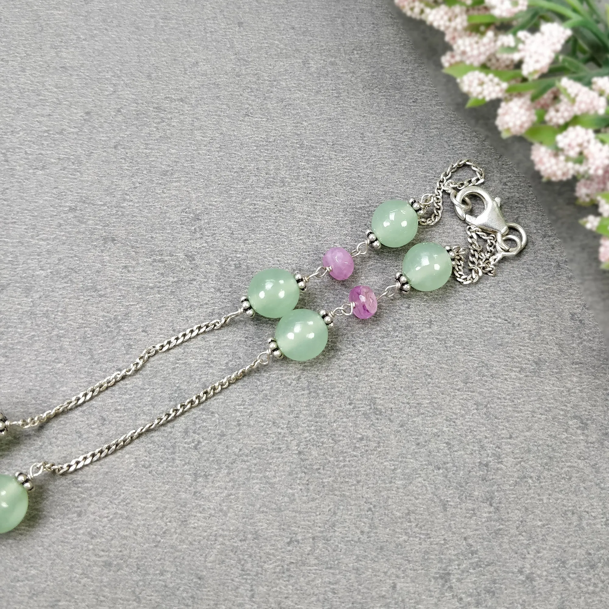 Green SERPENTINE & Pink SAPPHIRE Gemstones Beads Chain NECKLACE : 925 Sterling Silver Natural Round Cabochon 16" Statement Necklace