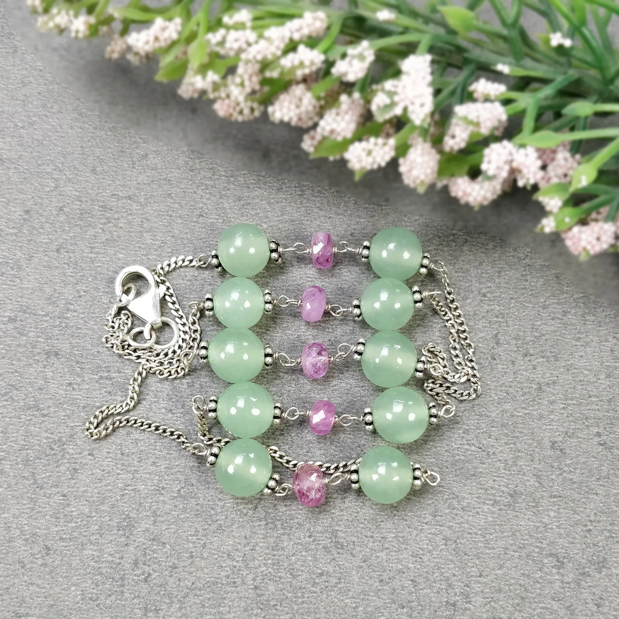 Green SERPENTINE & Pink SAPPHIRE Gemstones Beads Chain NECKLACE : 925 Sterling Silver Natural Round Cabochon 16" Statement Necklace