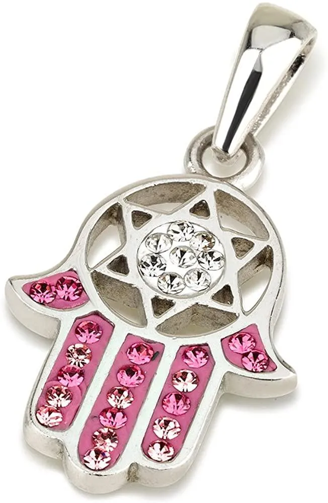 Hamsa Pendant in Sterling Silver With Pink Crystals Gemstones