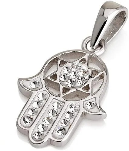 Hamsa Pendant in Sterling Silver With White Crystals Gemstones