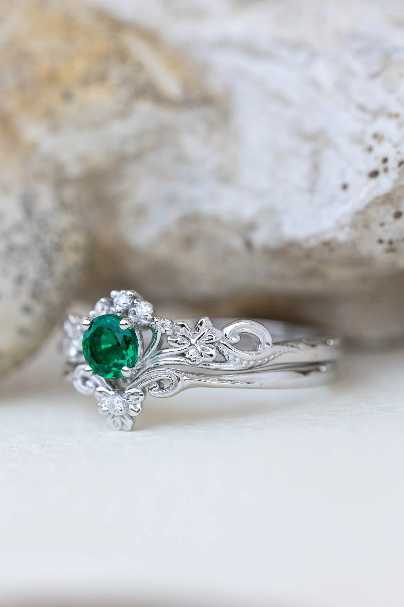 Lab emerald engagement ring set, white gold clover leaves bridal ring set / Horta