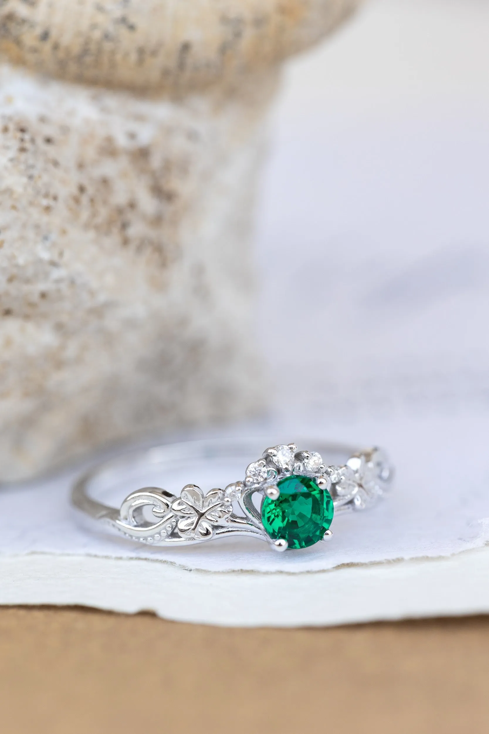 Lab emerald engagement ring set, white gold clover leaves bridal ring set / Horta